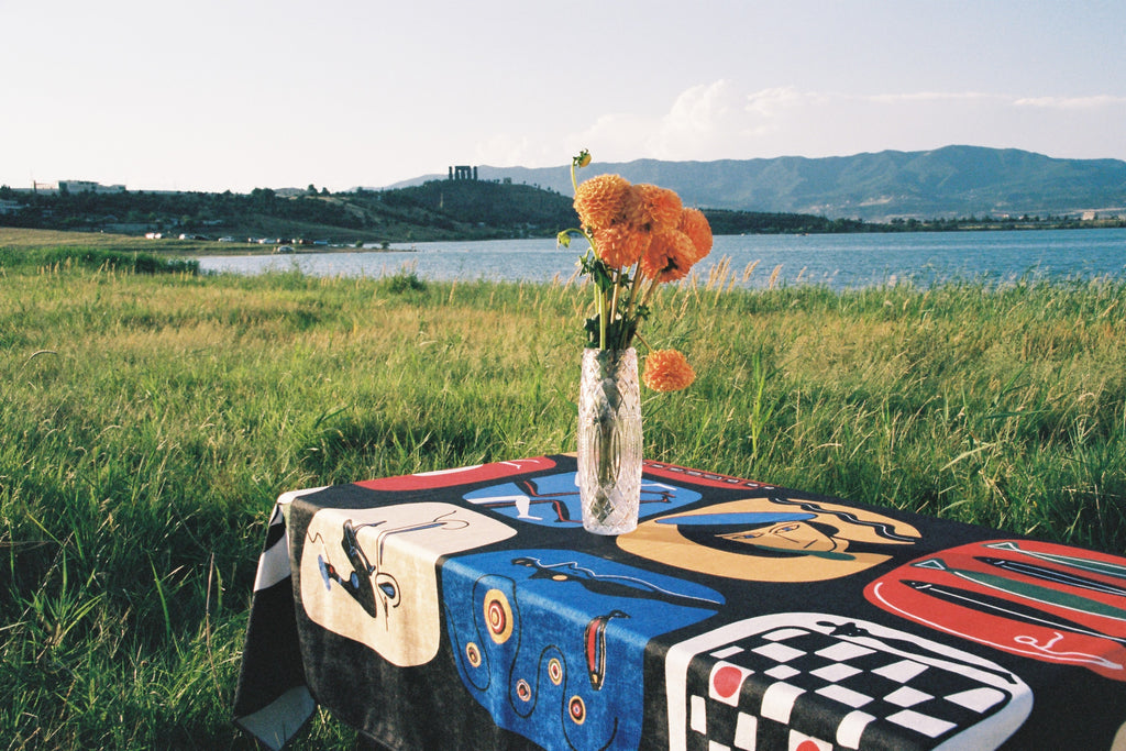 Colorful checkered tablecloth with a vase of flowers on a grassy field by a lake.