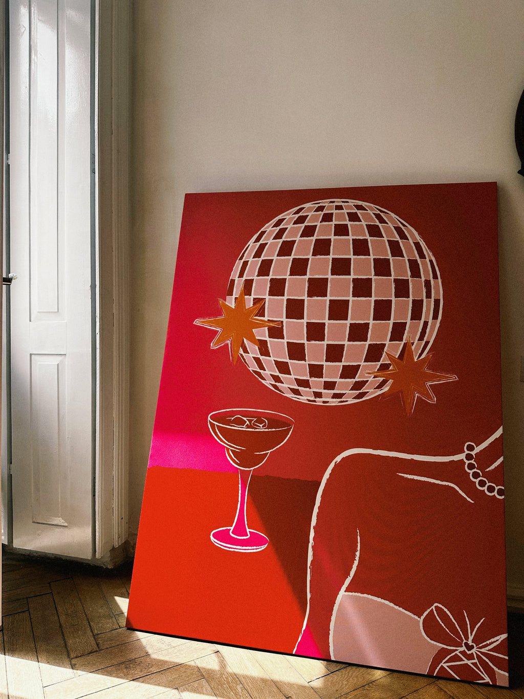 Modern retro-style canvas with disco ball illustration