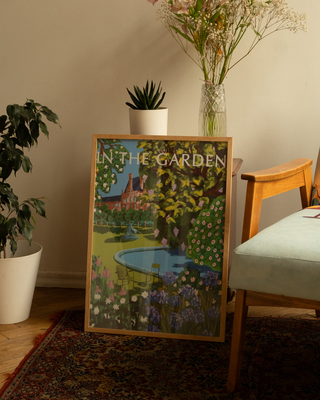 Spring-inspired floral poster with garden landscape and bright greenery for modern interiors