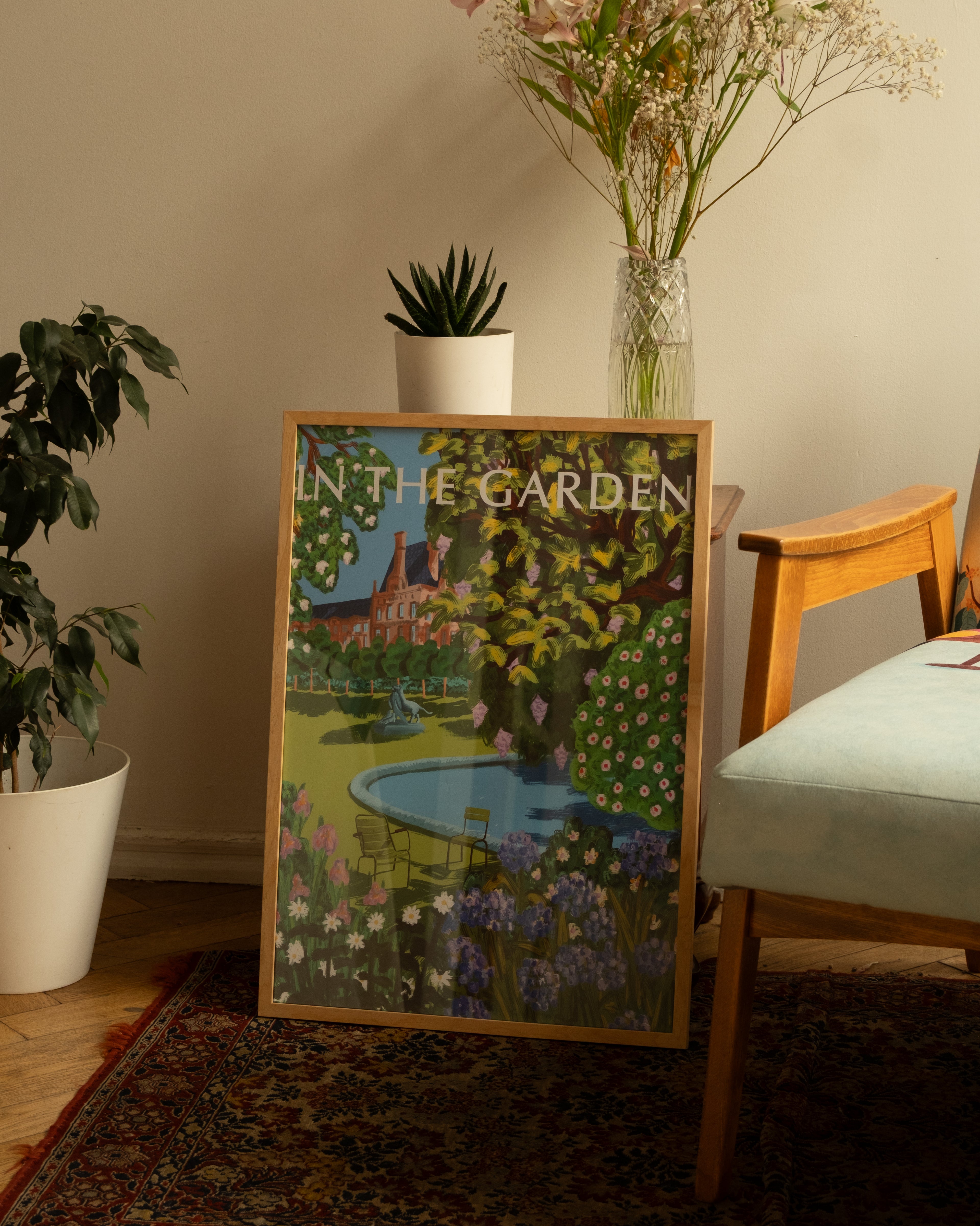 Spring-inspired floral poster with garden landscape and bright greenery for modern interiors