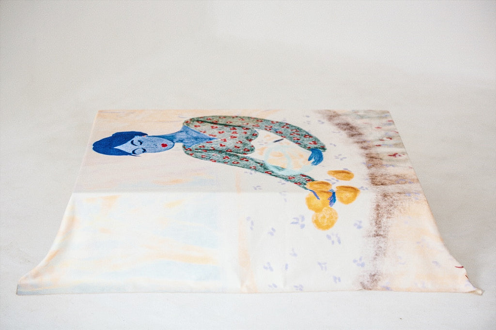 Tablecloth “Woman” by Anano Kevanishvili, sublimation-printed fabric with vibrant illustration, DAE home décor. White Background, Blue Woman with Lemons