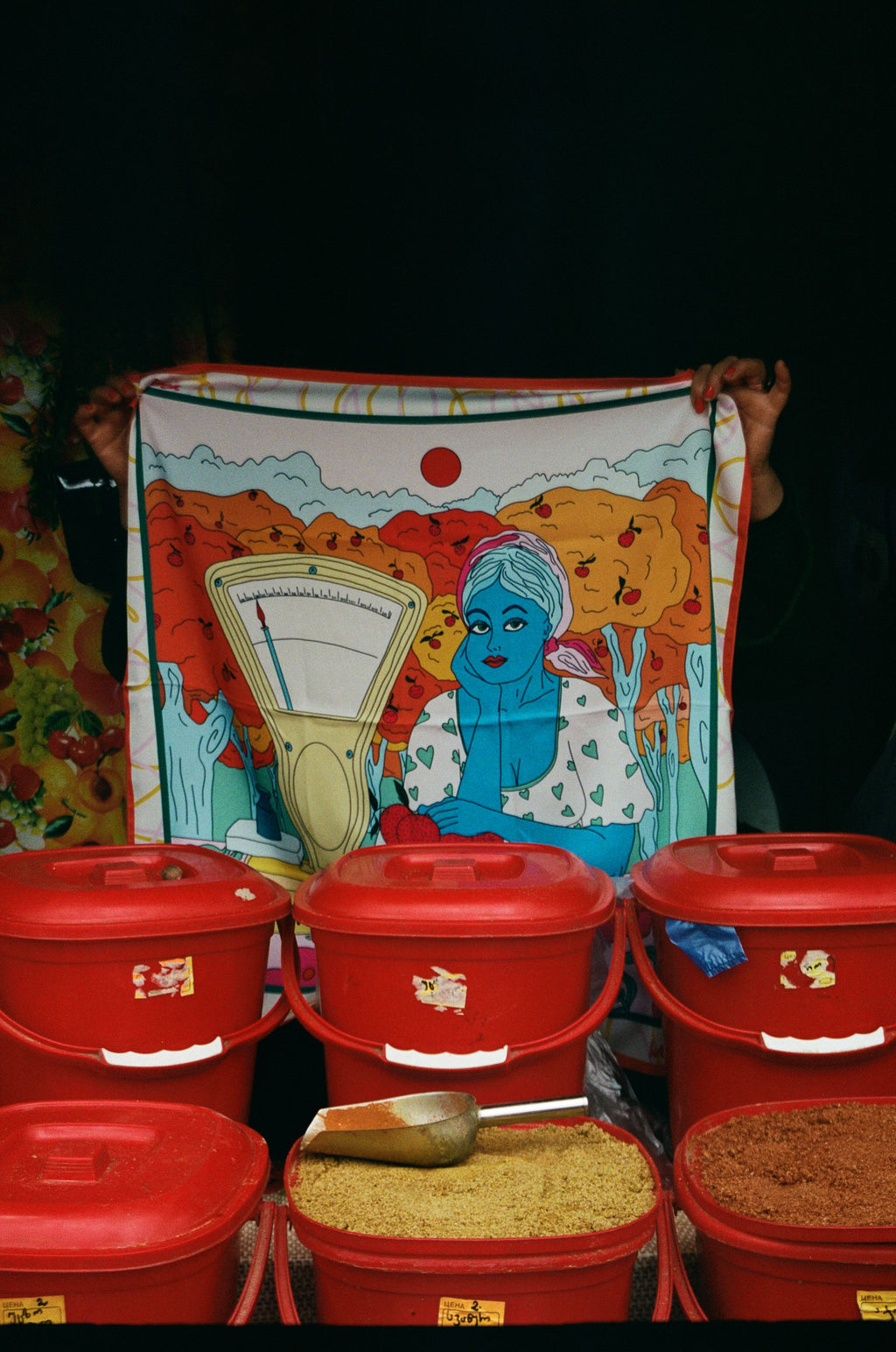 Libra zodiac art silk scarf illustrated by Anano Kevanishvili with warm tones and balanced symmetry