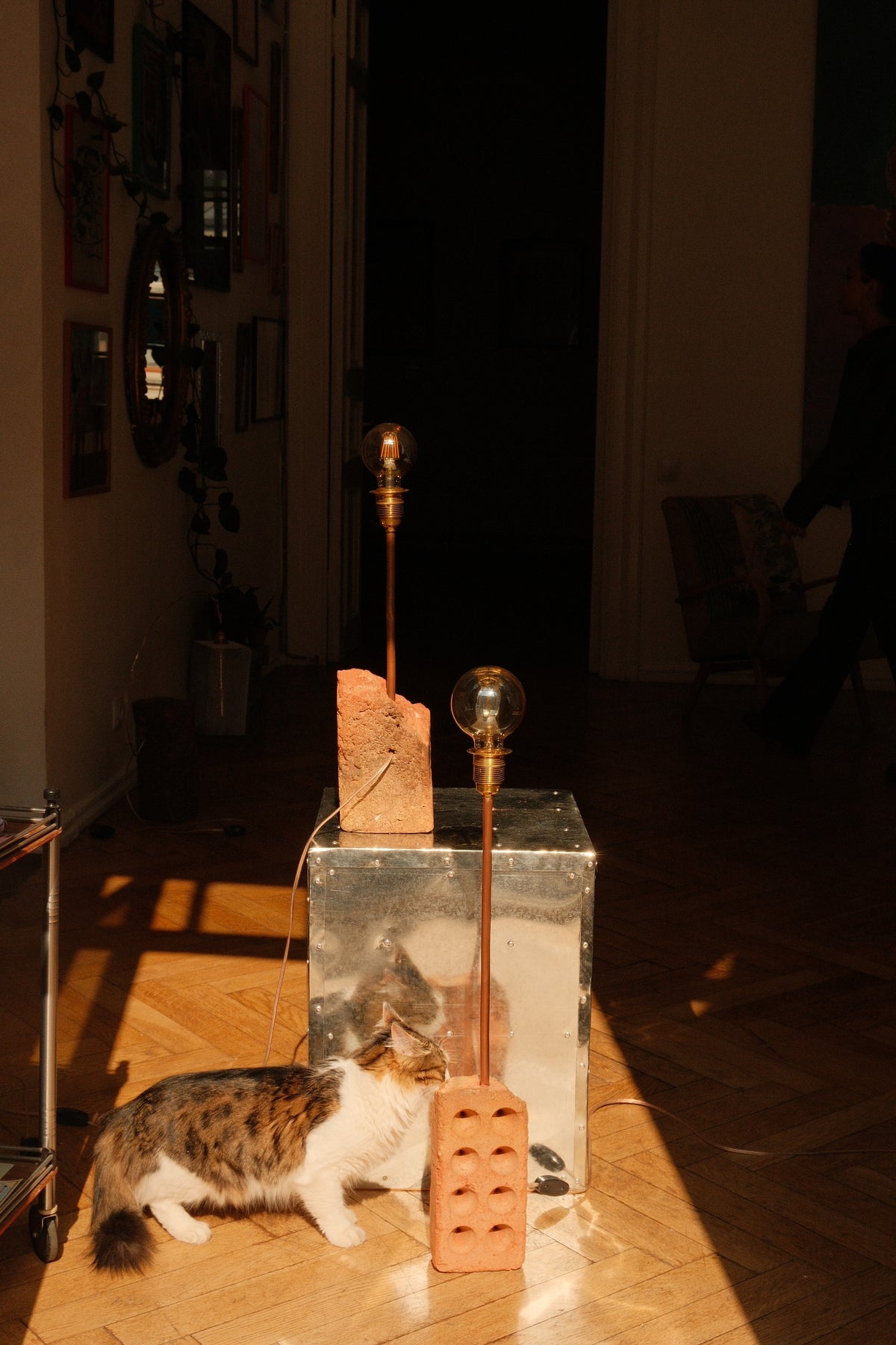 A cat sits on a parquet floor next to a unique lamps with a clear acrylic block base, a brick-shaped support, and a copper-colored stem holding a glass bulb, in a dimly lit room with warm sunlight.