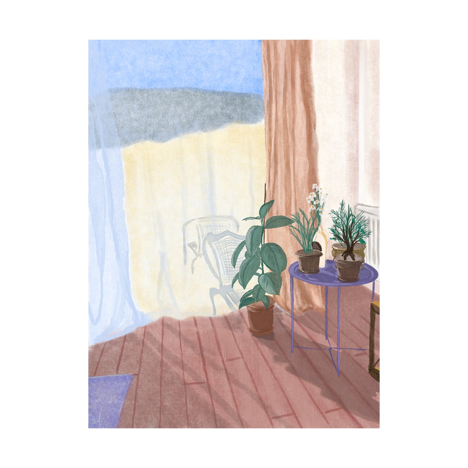 A poster featuring an illustration of a room with a window, plants on a table, and a person standing by the window.