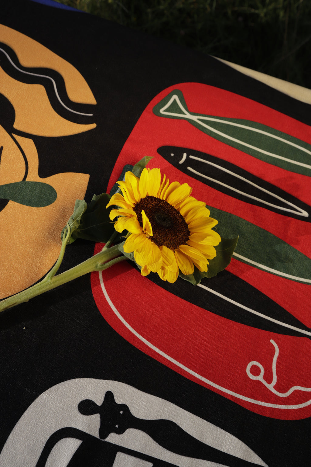 Close-up of Nino Bakuradze’s “Table of Figures” artwork printed on durable tablecloth fabric.