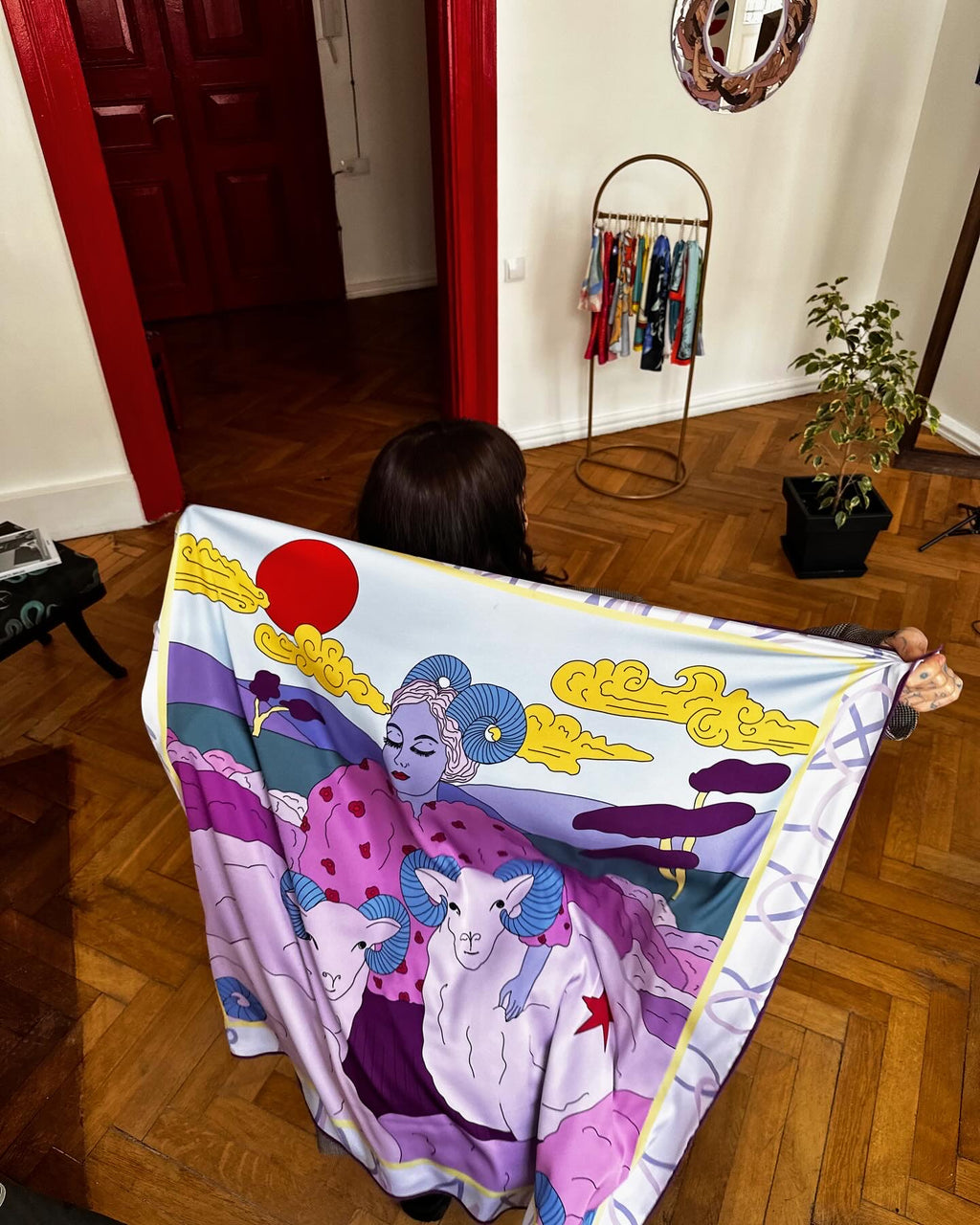 Aries zodiac art silk scarf illustrated by Anano Kevanishvili in expressive purple tones