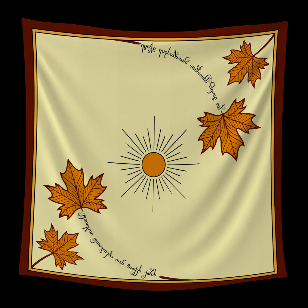 Flat view of Georgian Autumn scarf showing harvest-inspired illustration and typography