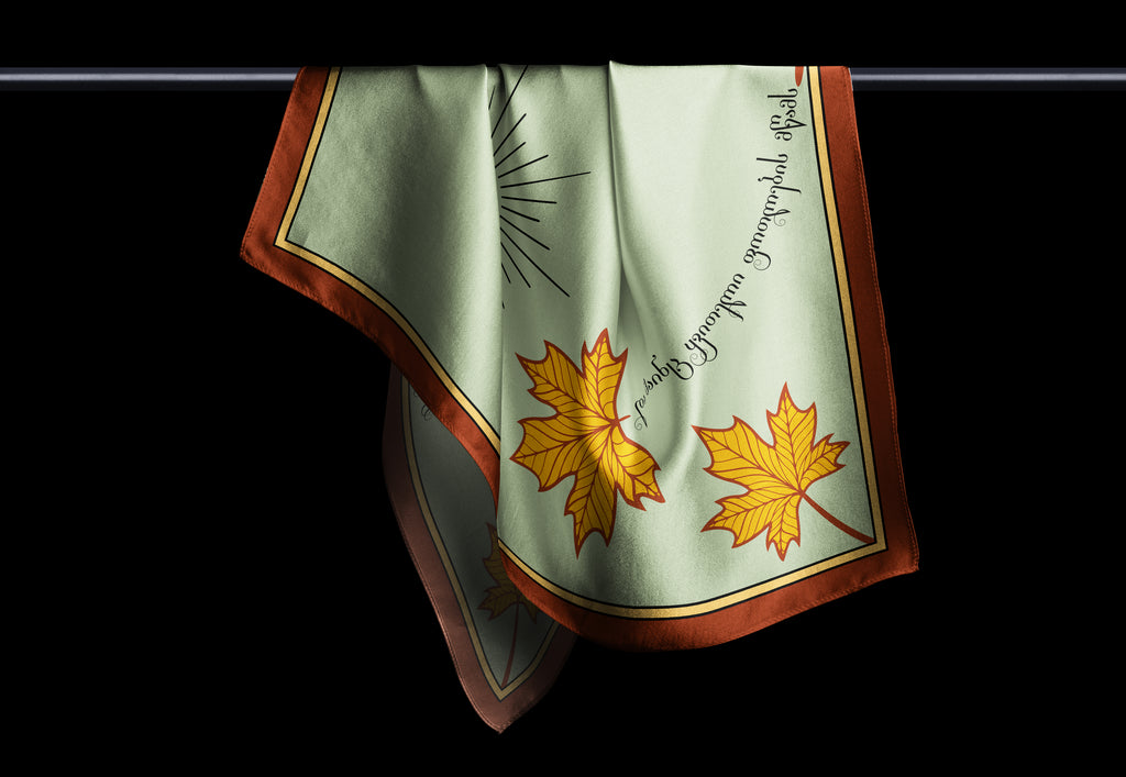 Georgian Autumn silk-feel scarf with autumn leaves illustration, limited edition by DAE