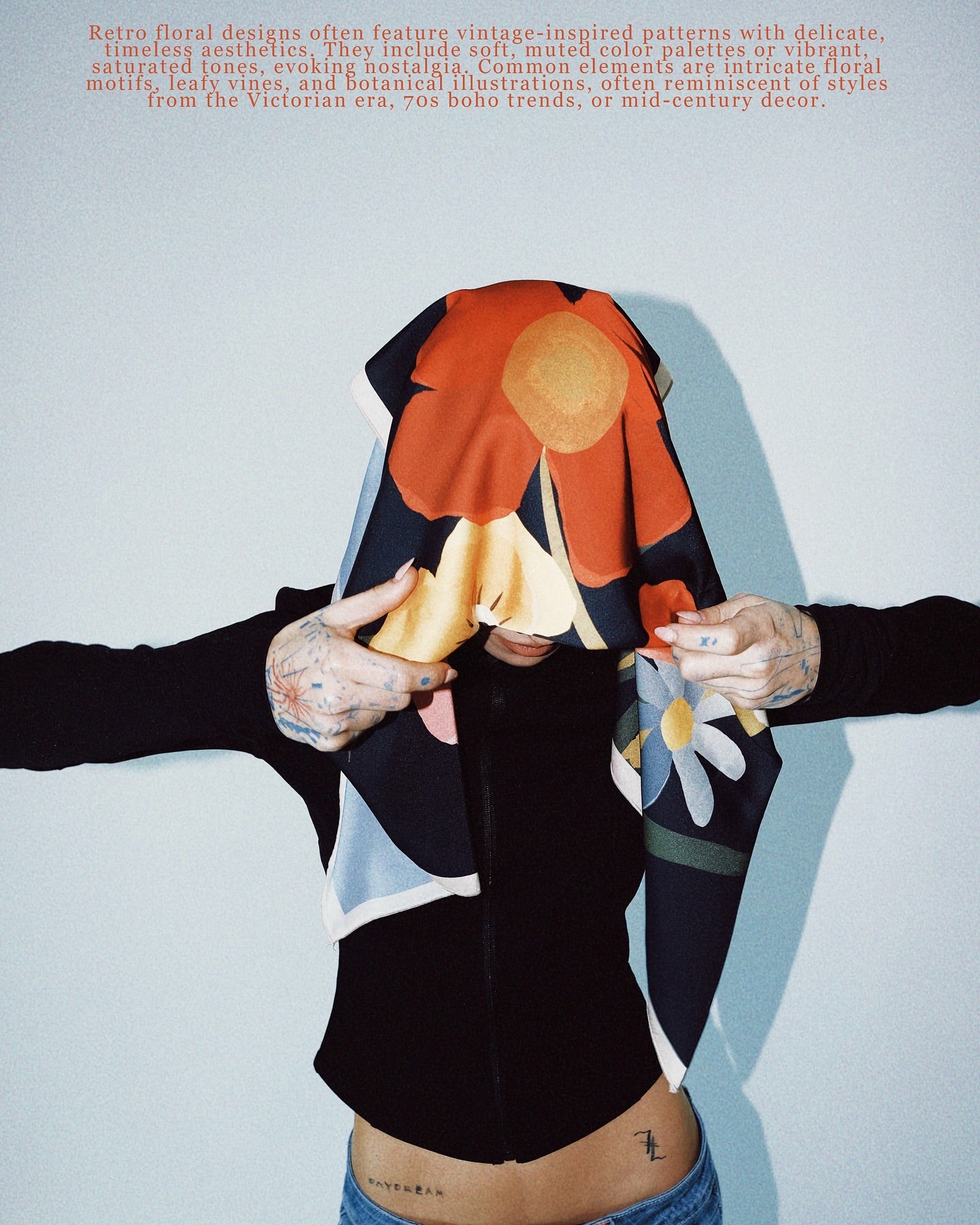 Model wearing Autumn Whisper art silk scarf illustrated by Lea Woo