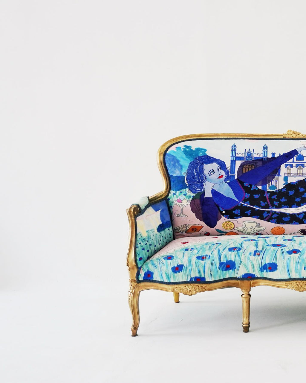 Decorative sofa with artistic design on a white background, by DAE