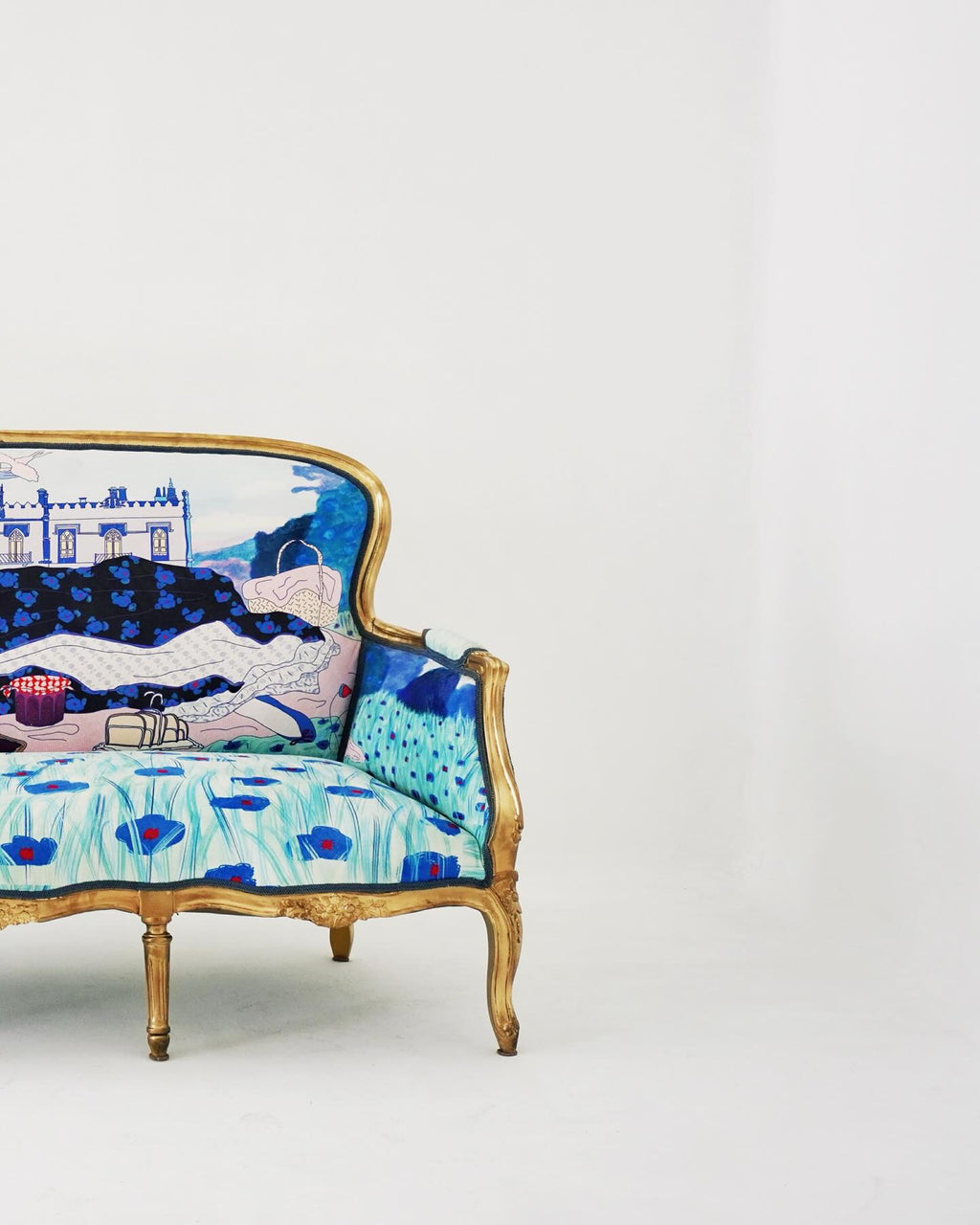 Decorative sofa with artistic design on a white background, details