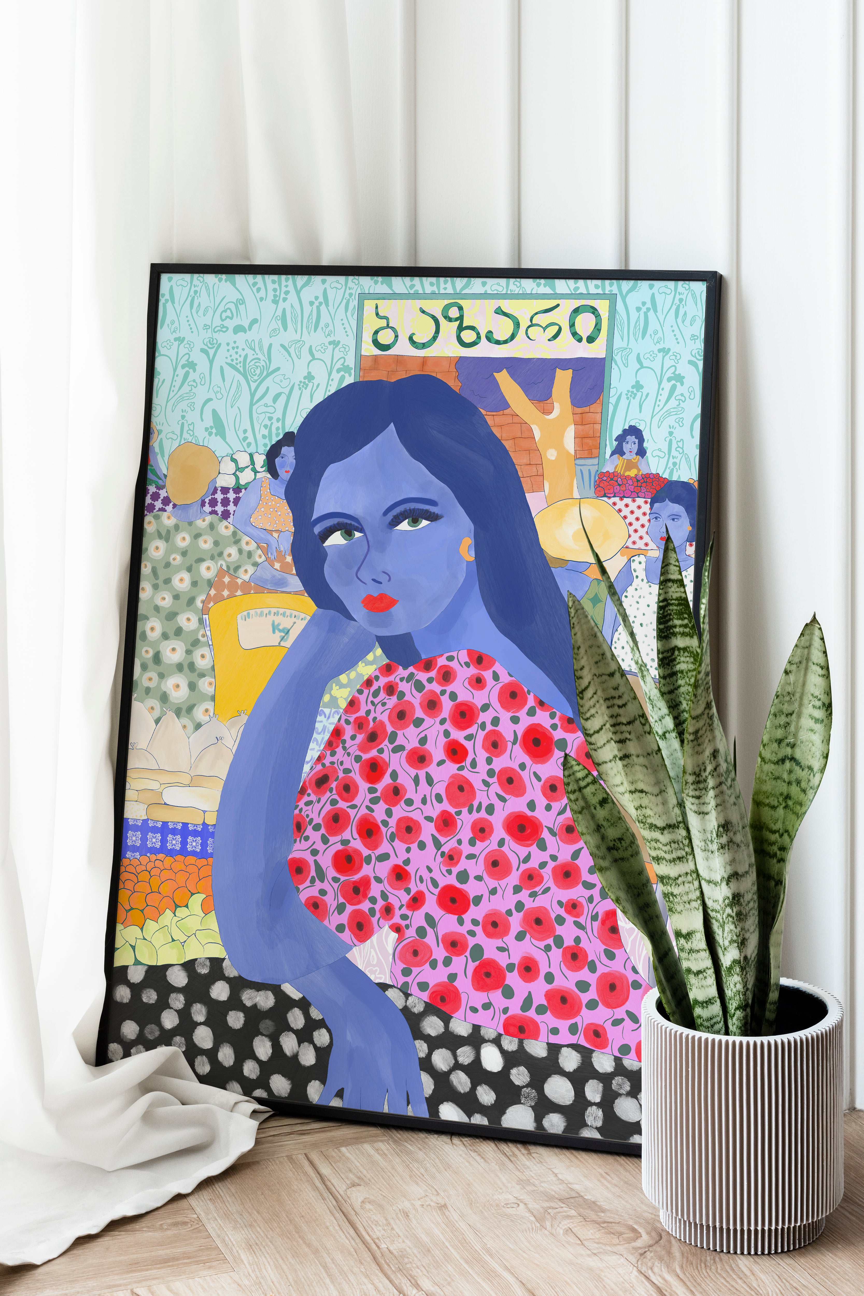 A colorful artwork featuring a woman with blue eyes and a floral dress, surrounded by various characters and patterns, presented in a wooden frame.