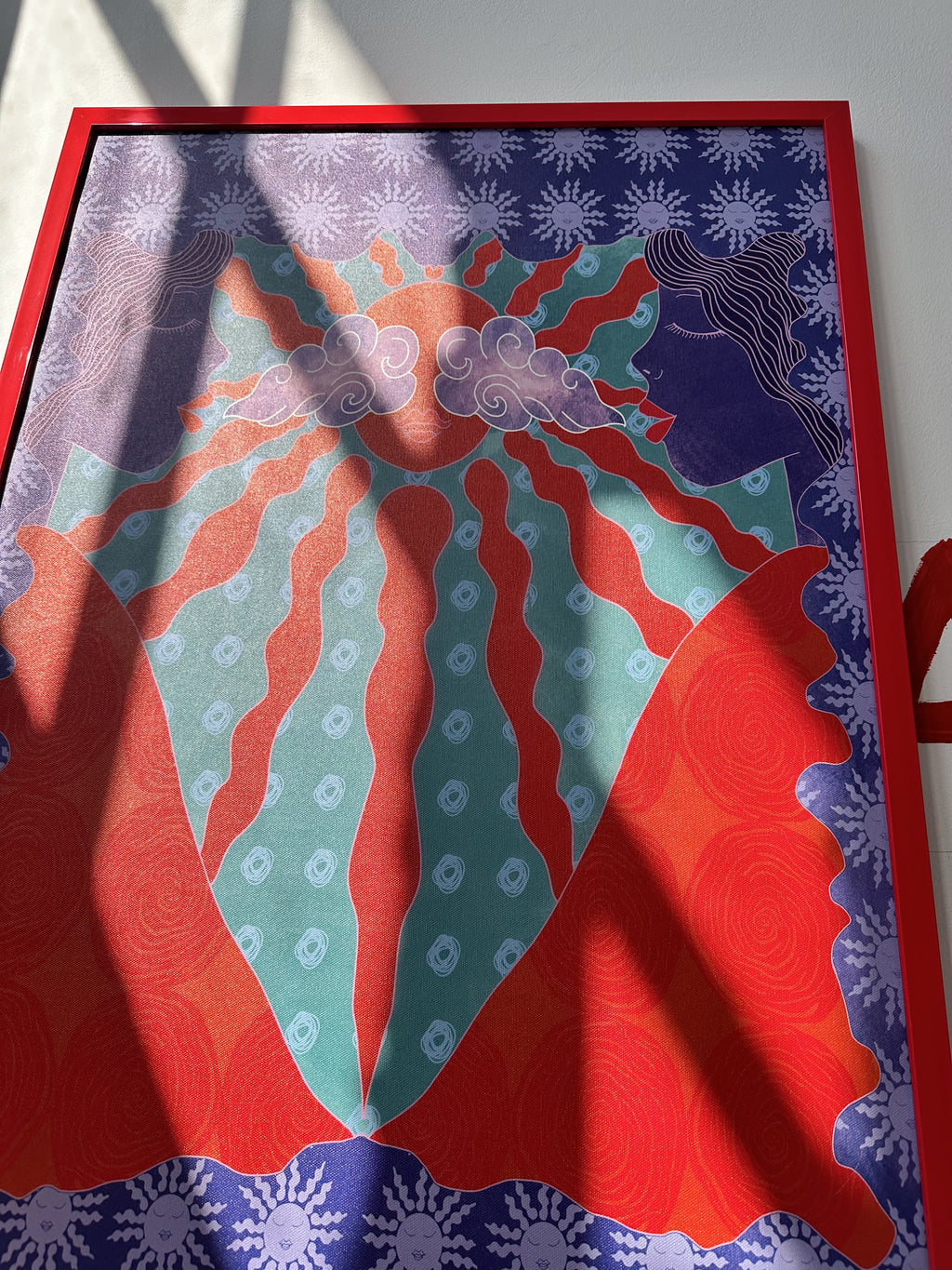 Close-up of red abstract canvas artwork on subframe – Anano Kevanishvili