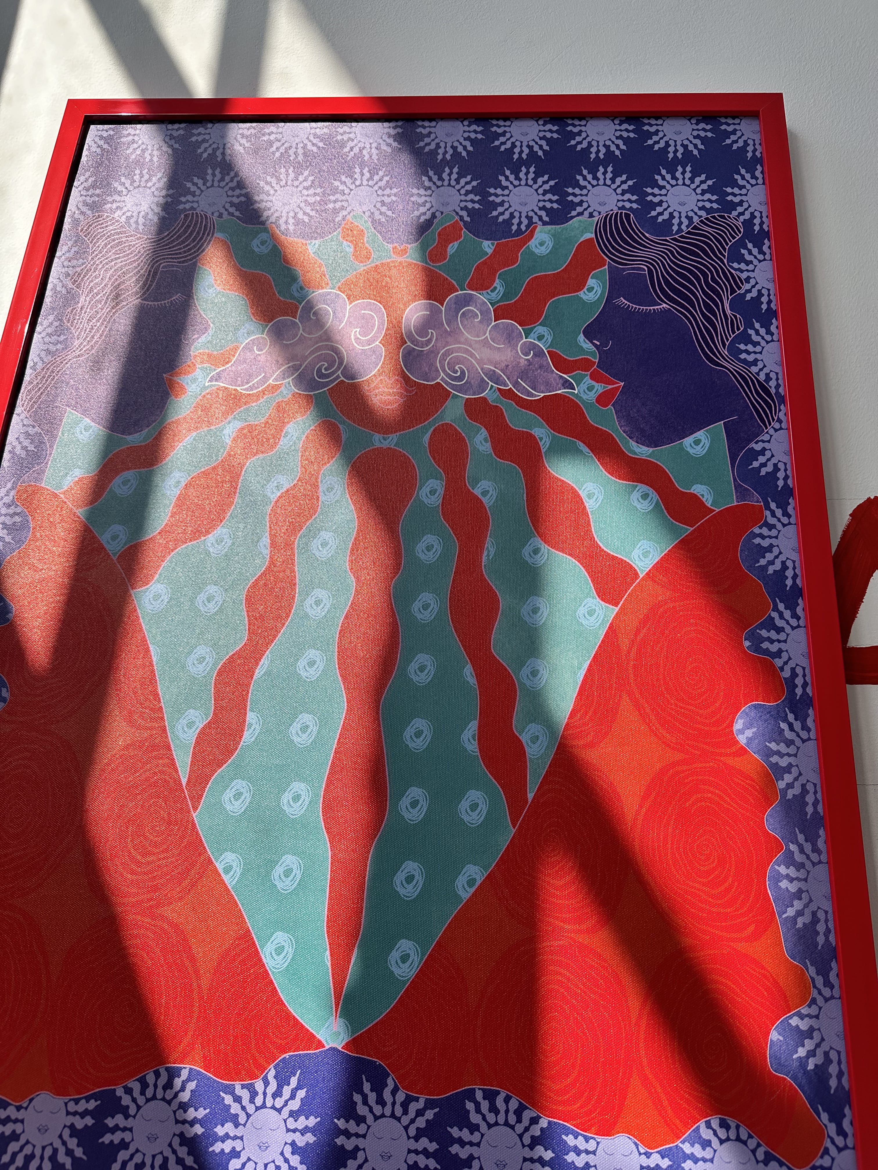 Close-up of red abstract canvas artwork on subframe – Anano Kevanishvili