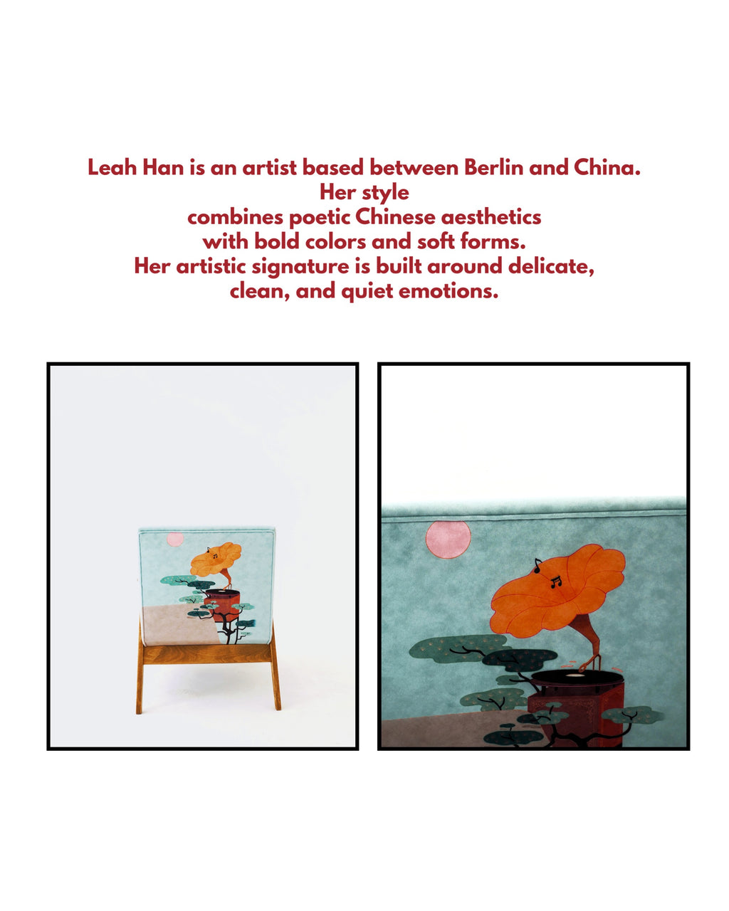 Two illustrations by Leah Han, an artist based between Berlin and China, with text about her style.