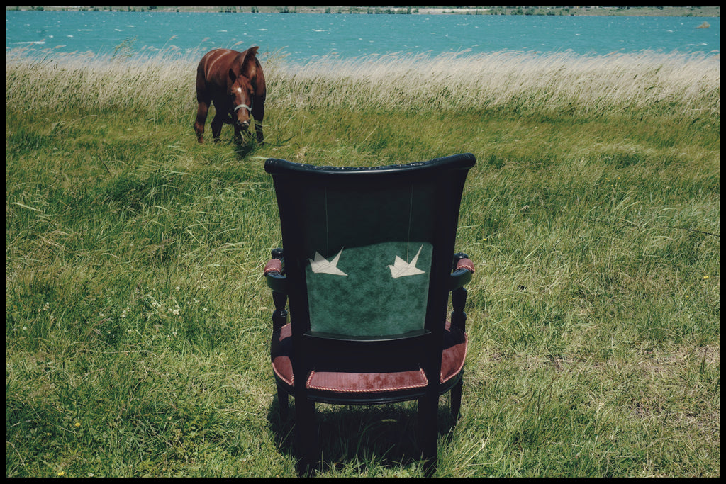 Chair with a green textile featuring white birds in a grassy field with a horse in the background.