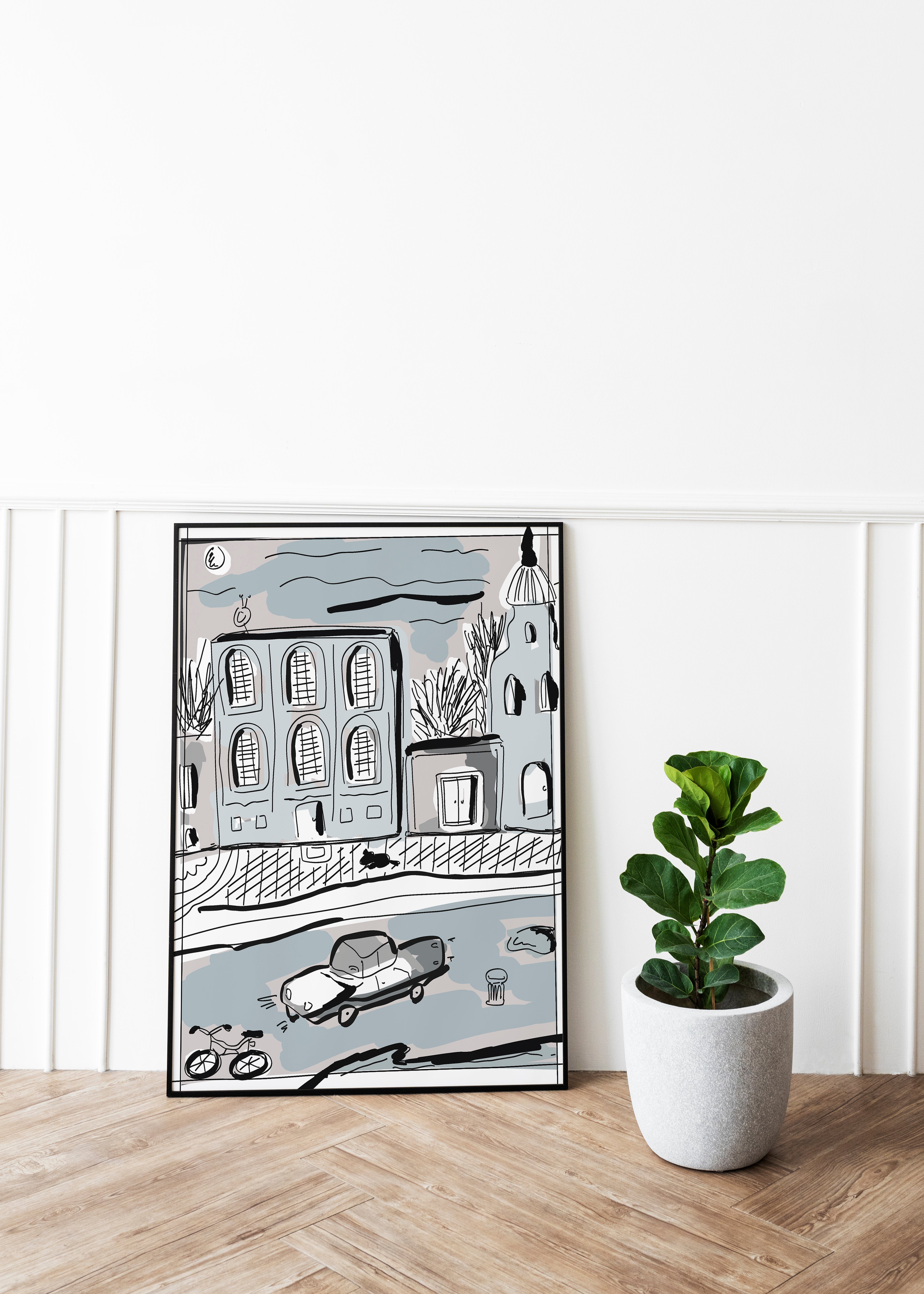 A framed poster by DAEdepicting a stylized, minimalistic illustration of a street scene with buildings, a tree, a car, and a person, rendered in grey tones with white highlights.