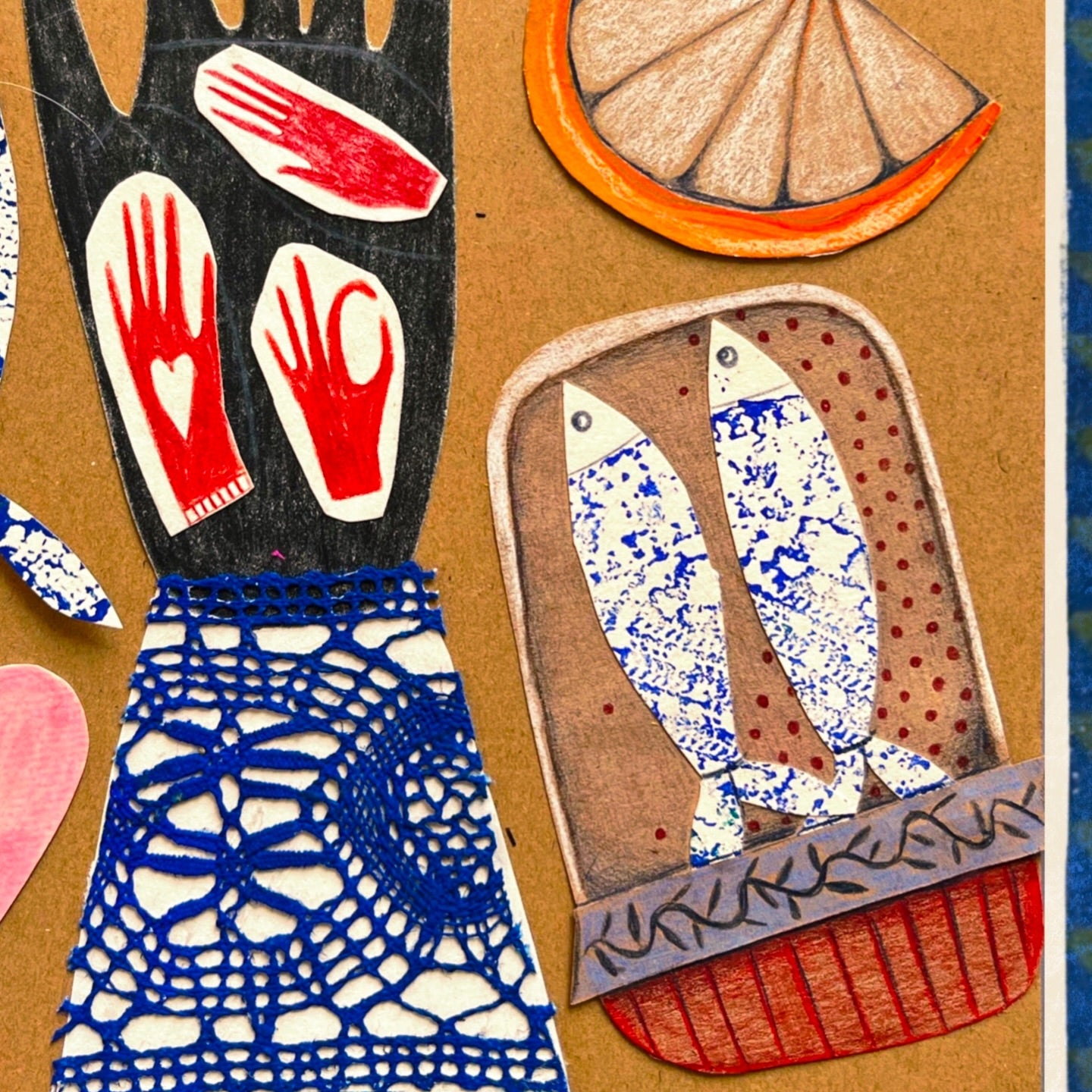 Collage of various handmade items including a black hand with red hearts, a blue lace doily, and a basket with fish on a brown background.