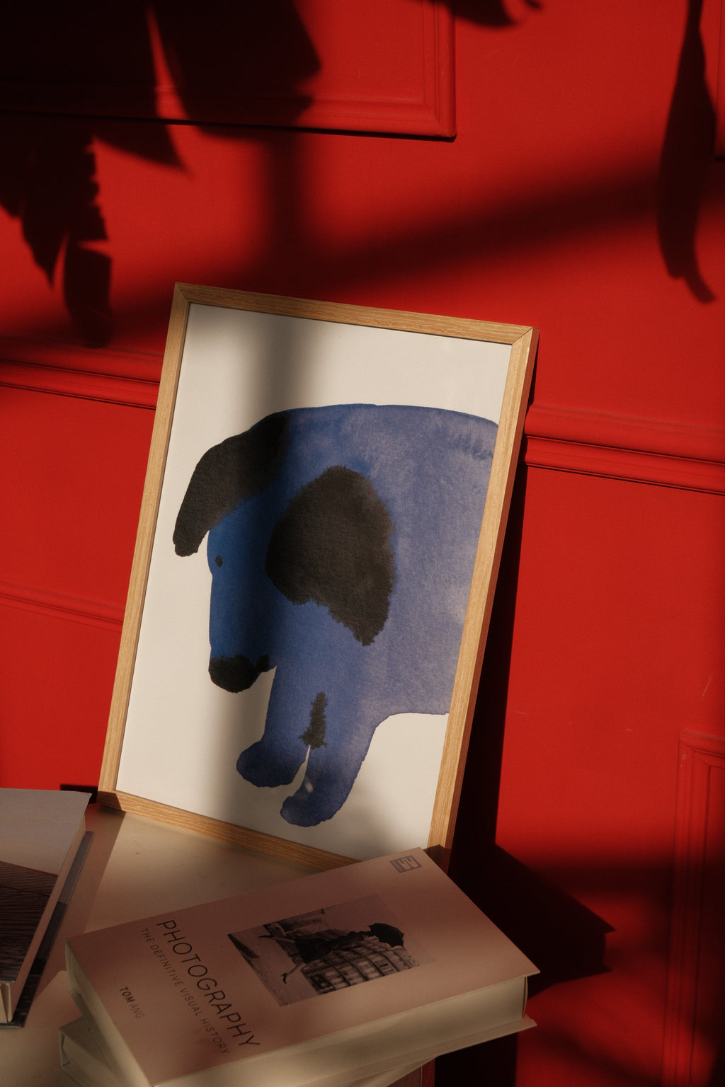 Framed artwork of a blue silhouette on a red surface, by DAE