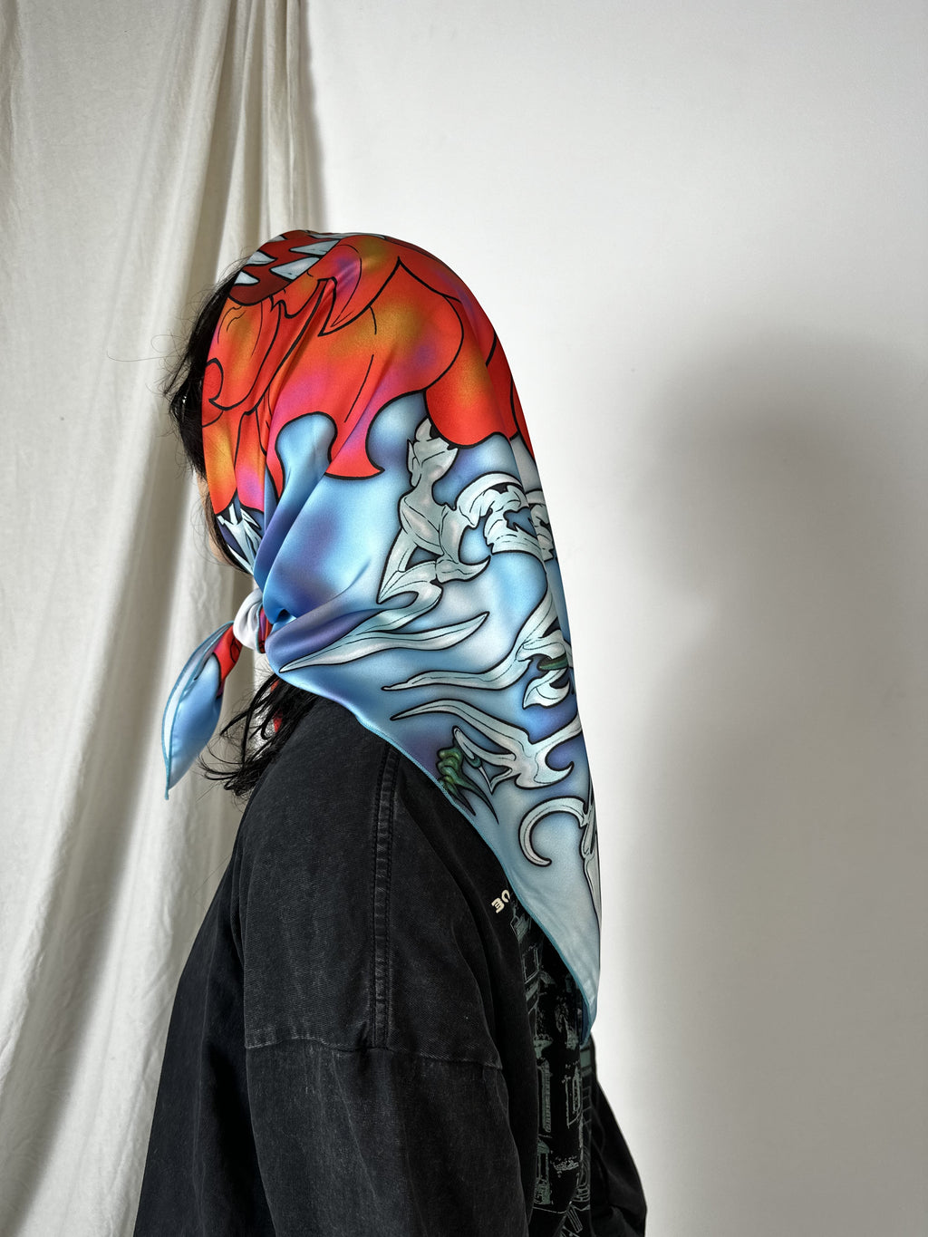 Back view of Velvet Petals artificial silk scarf with graphic illustration by Pia