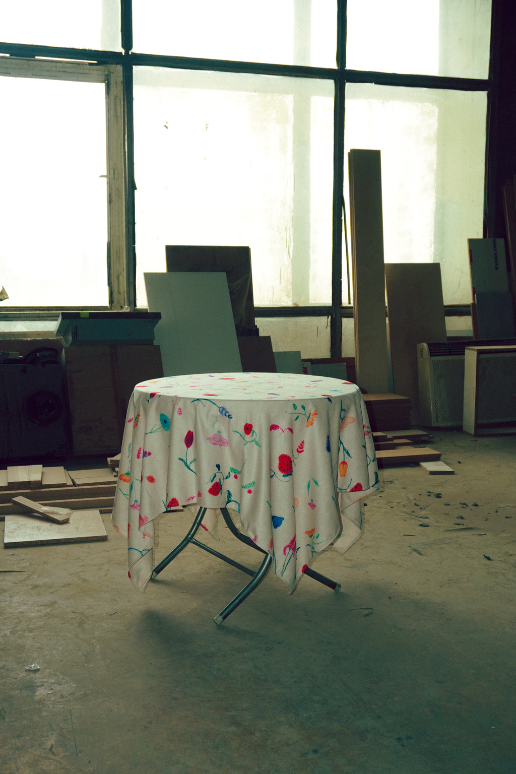 Tablecloth “Muted Garden” by Anano Kevanishvili with soft floral illustration and sublimation print.