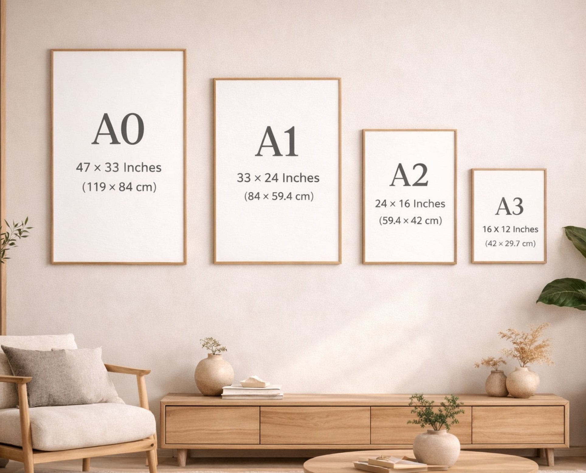 Living room with framed art pieces on the wall and a wooden cabinet.