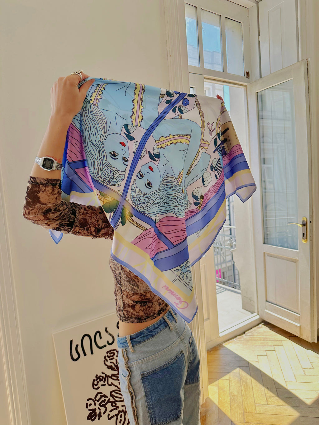 Gemini zodiac art silk scarf illustrated by Anano Kevanishvili with expressive dual-symbol design