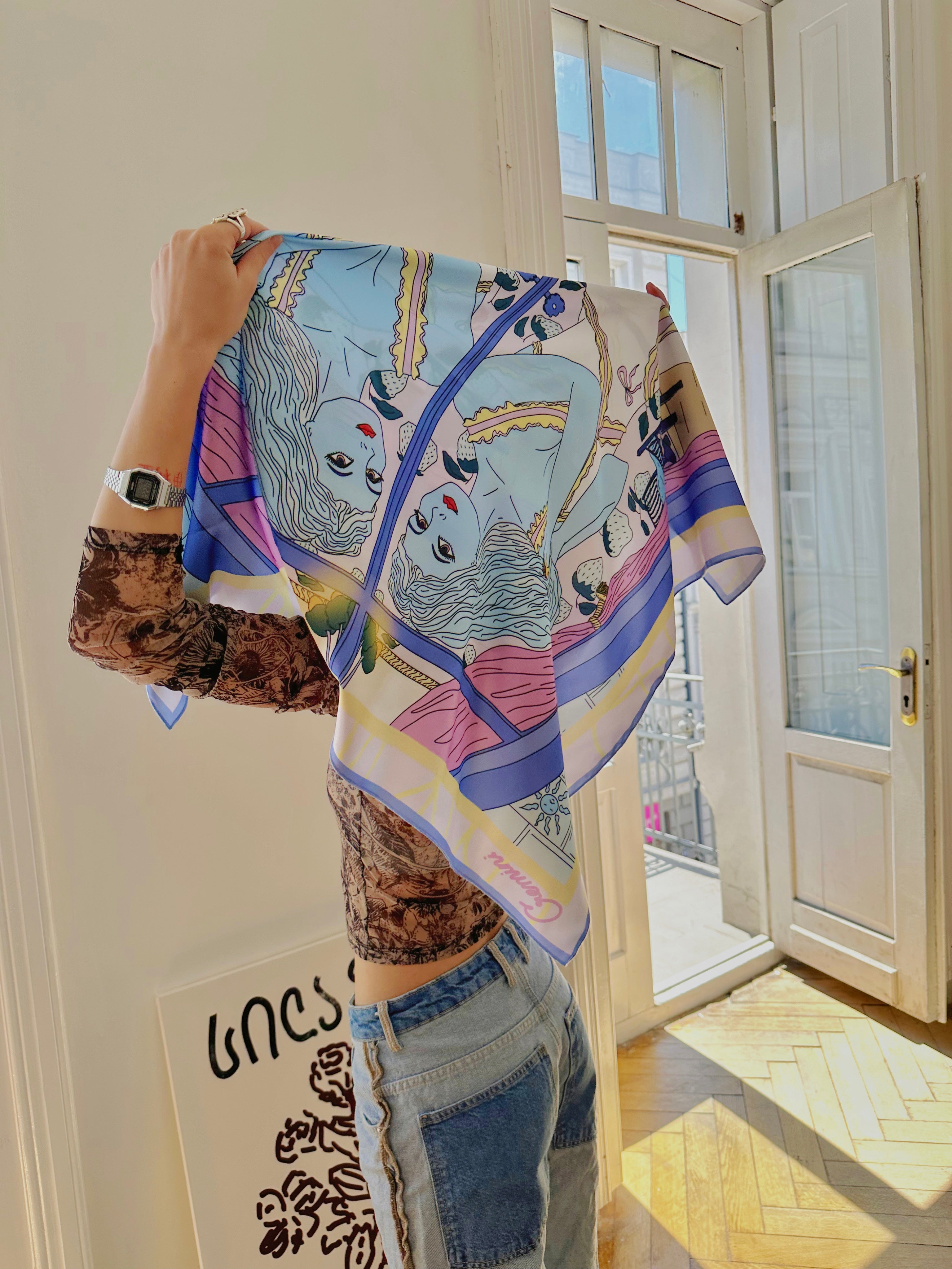 Gemini zodiac art silk scarf illustrated by Anano Kevanishvili with expressive dual-symbol design