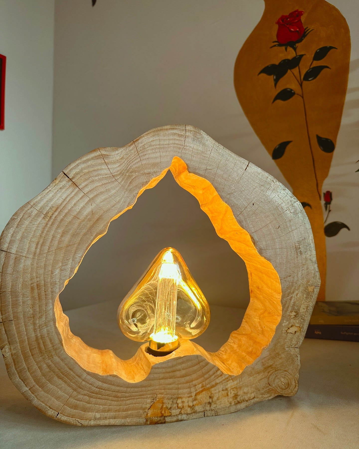 handmade wooden lamp by DAE, heart formed, with heart bulb