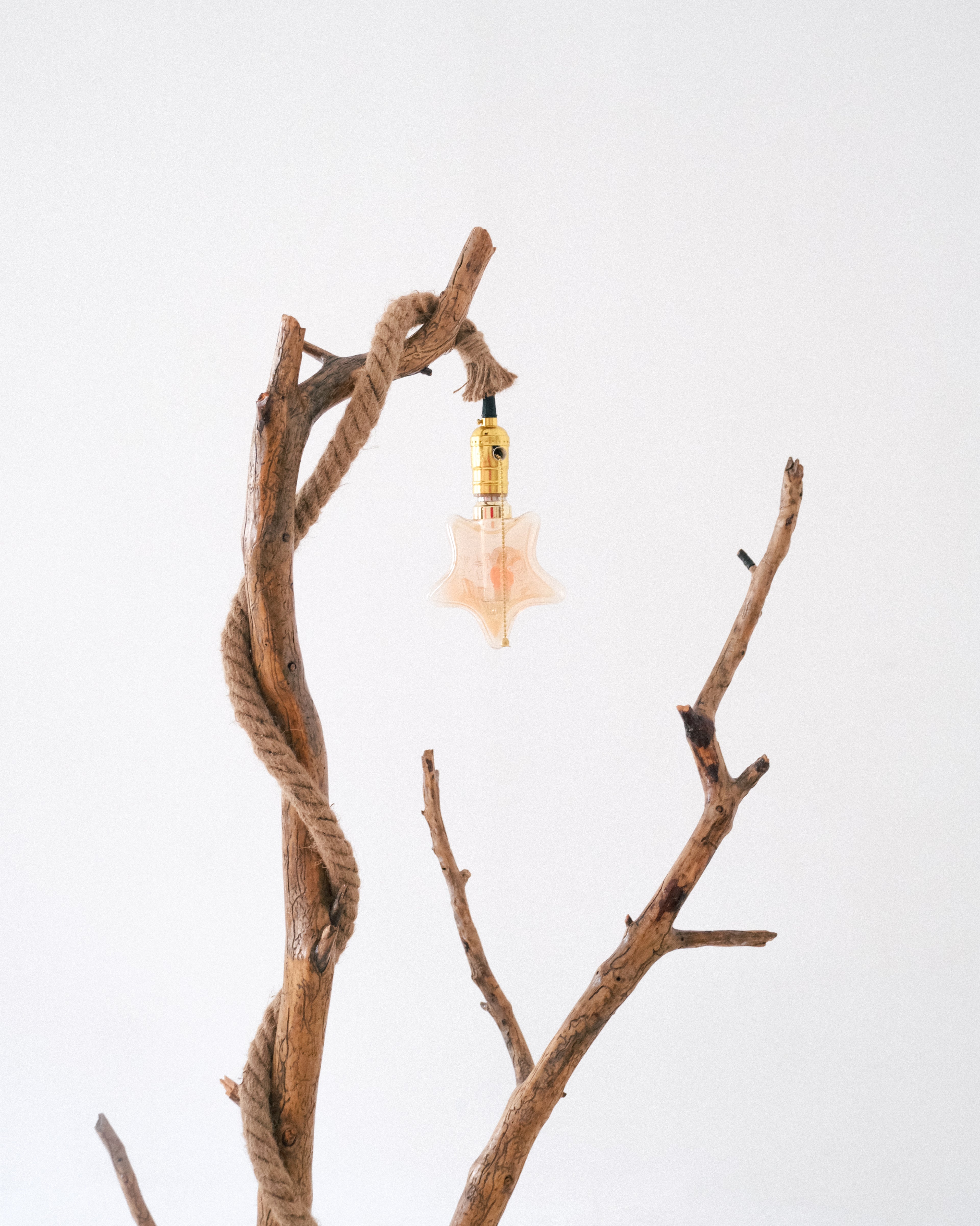 Decorative lamp made from branches with a light bulb hanging from a branch on a white background