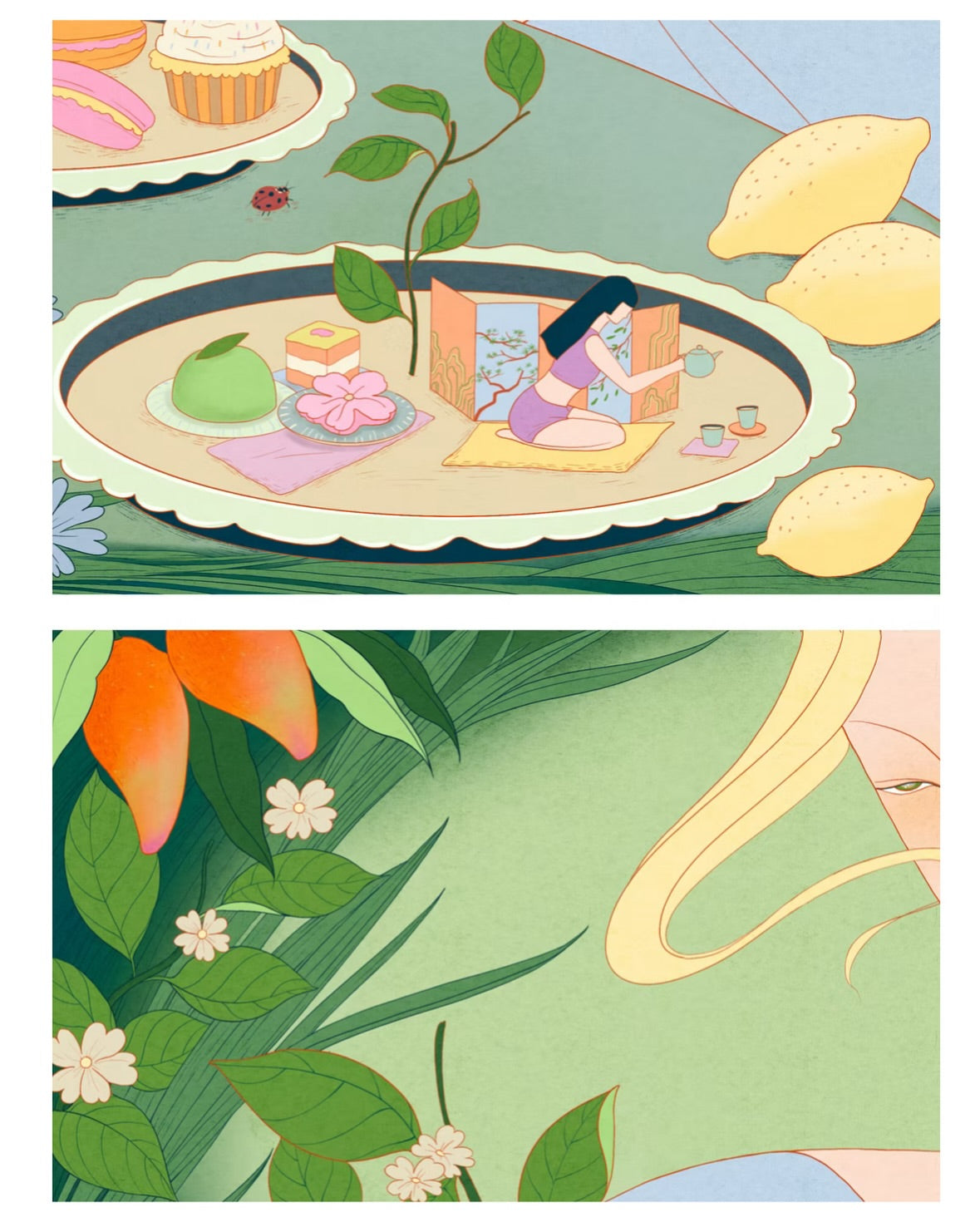 Illustration of a person reading a book on a leafy platform with fruits and plants around.