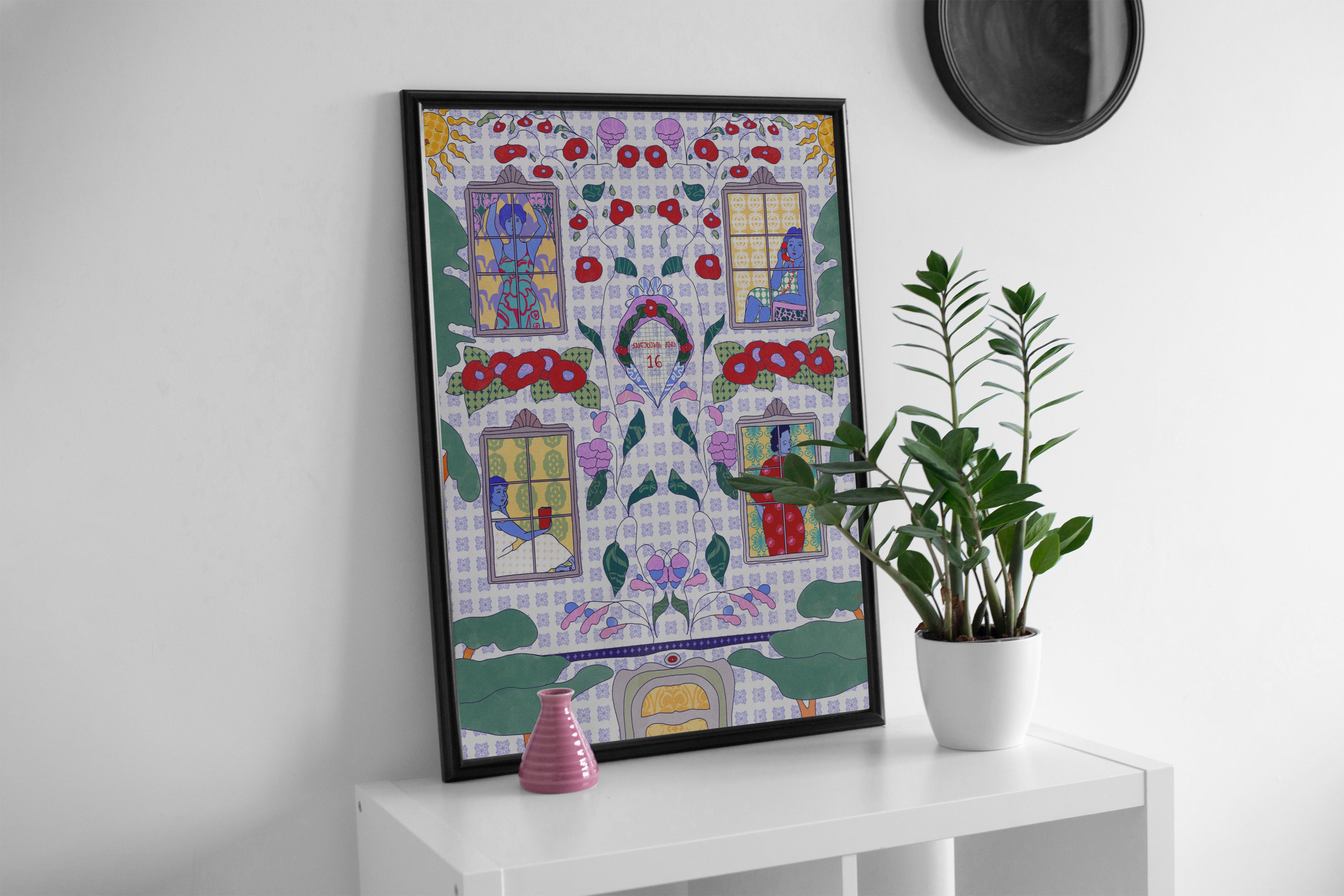 poster with georgian songs standing on table, next to plant and little decorative vase