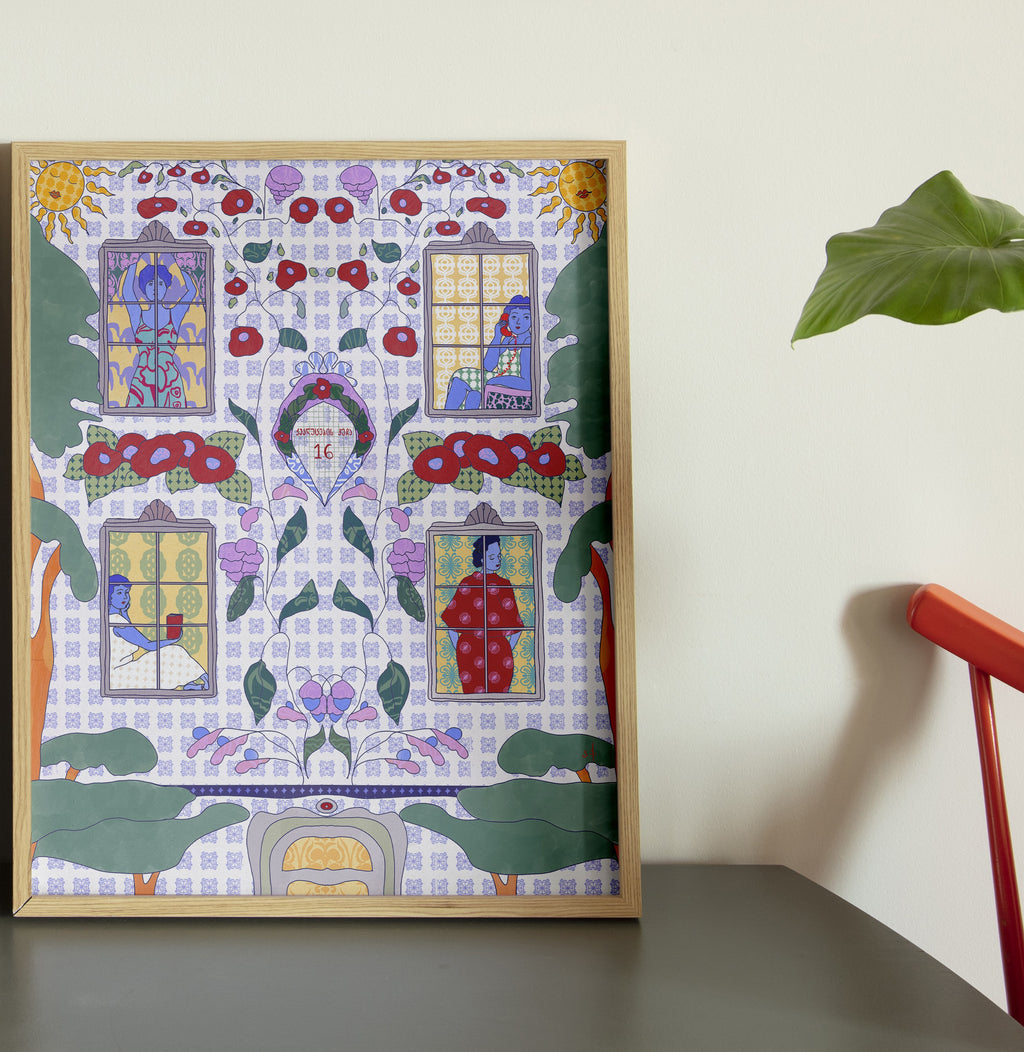 Framed “Street of Beautiful Woman” poster by Anano Kevanishvili – paper print inspired by Georgian art and everyday beauty, available at DAE • დაე. Poster standing on the table next to plant