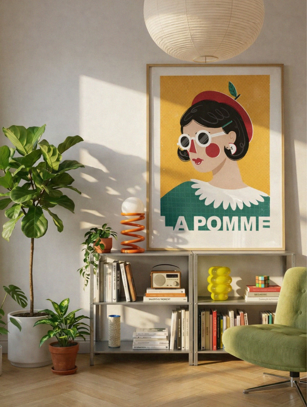 Living room with a colorful poster of a woman's face and the text 'A Pomme' on a shelf.