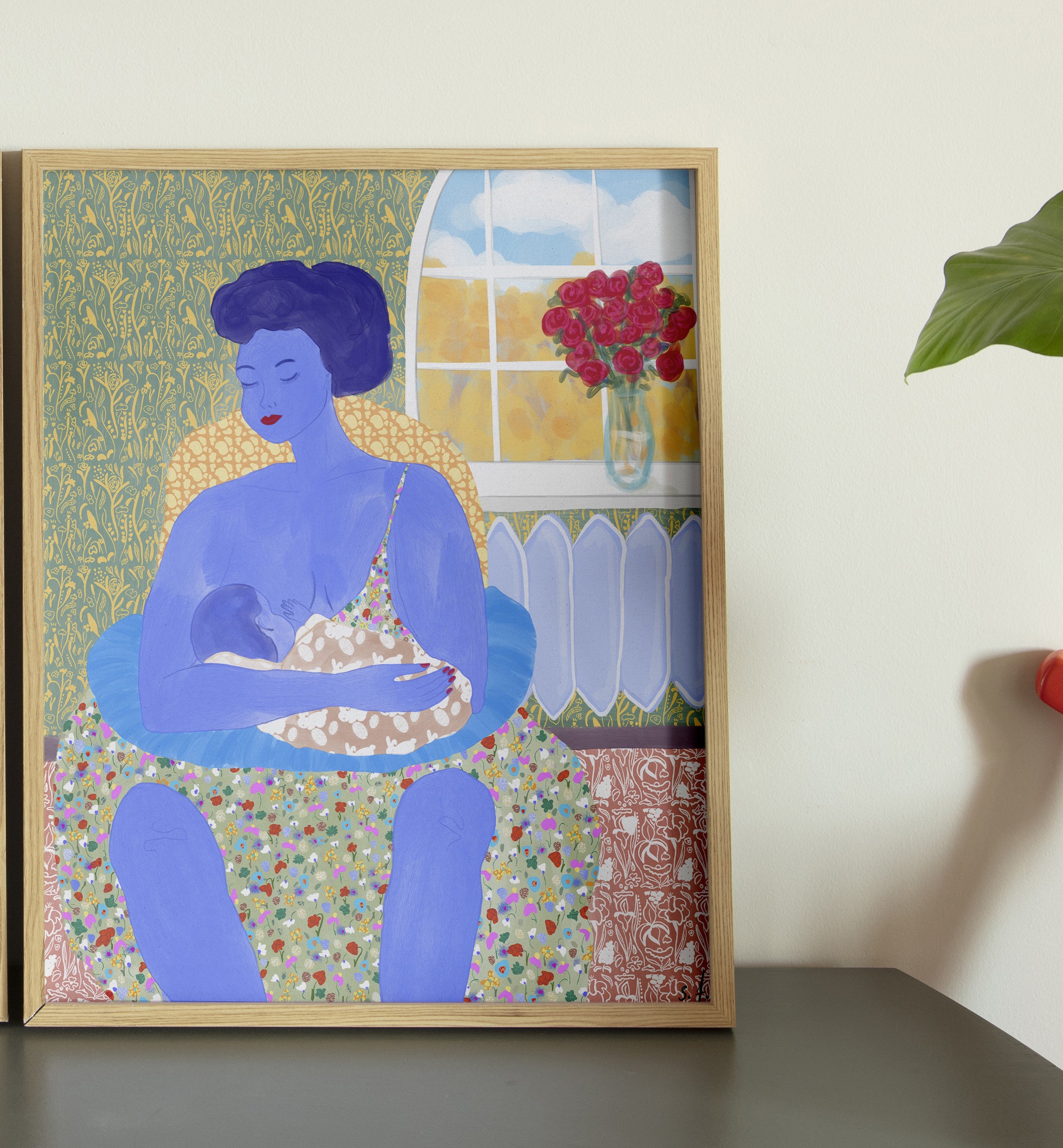 Lactation contemporary art poster by Georgian artist Anano Kevanishvili displayed in a modern interior
