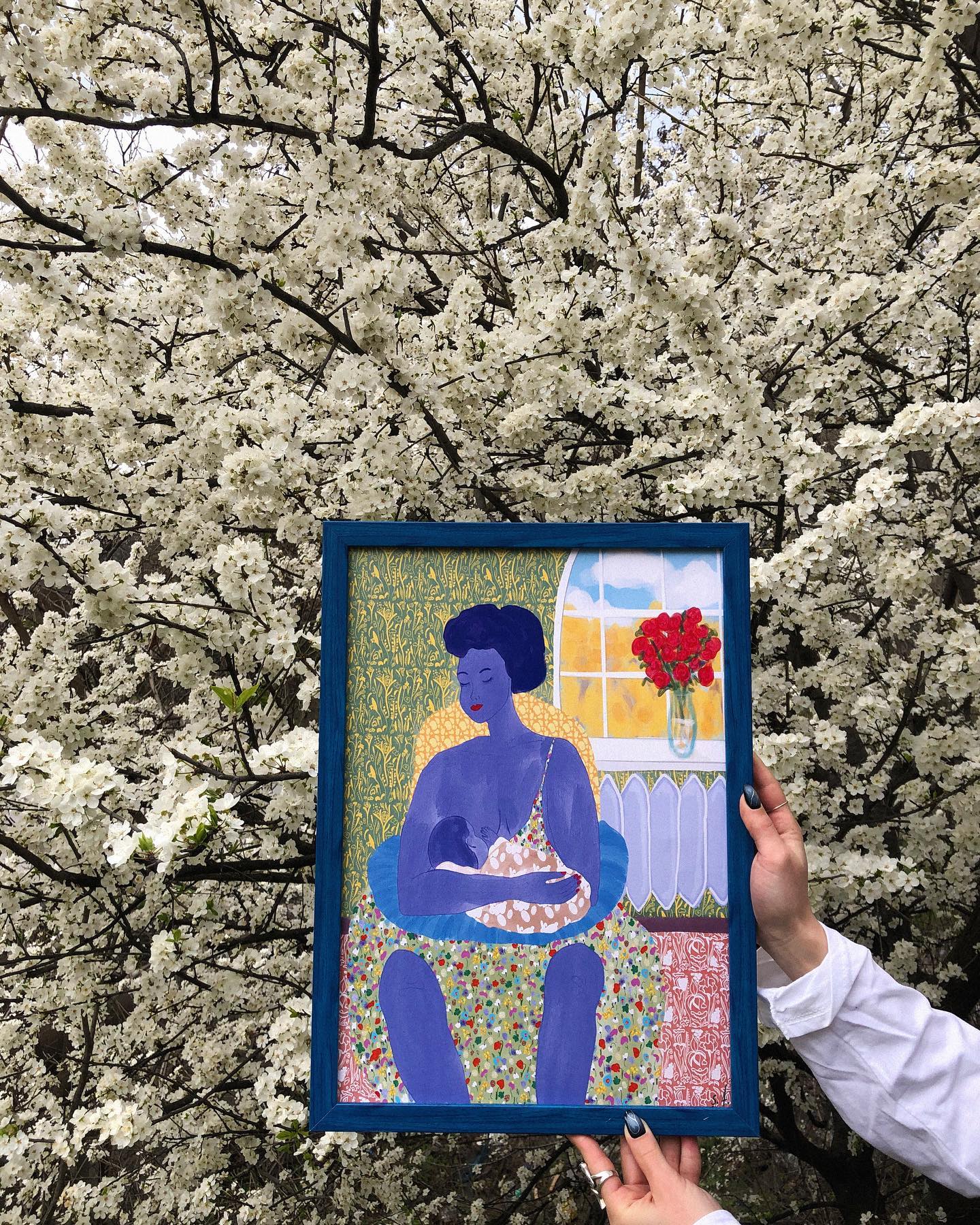 A poster featuring an illustration of a person sitting by a window, set against a background of a blossoming tree. The artwork is held by a person outside, suggesting an artistic presentation.