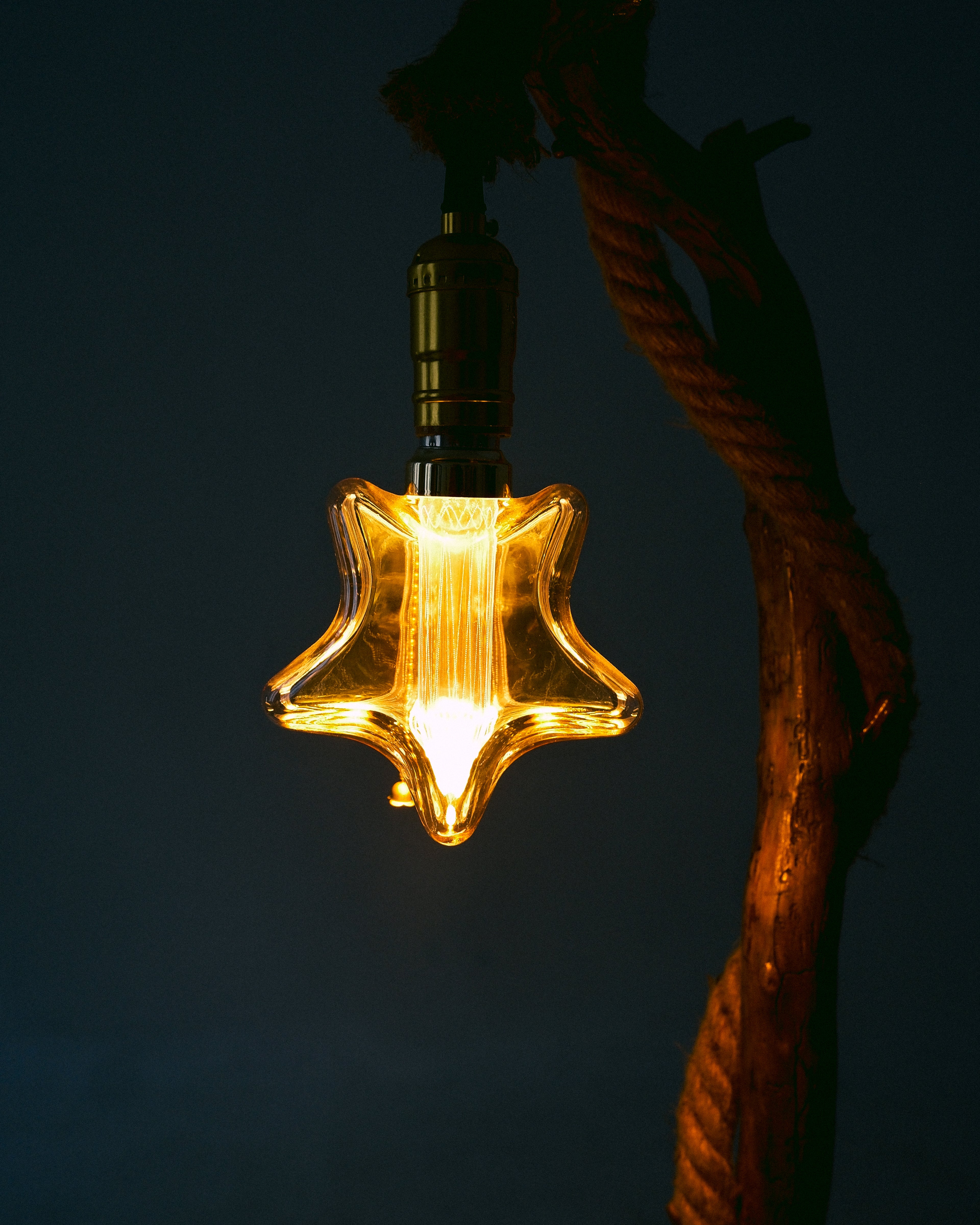 Star-shaped light bulb hanging against a dark background