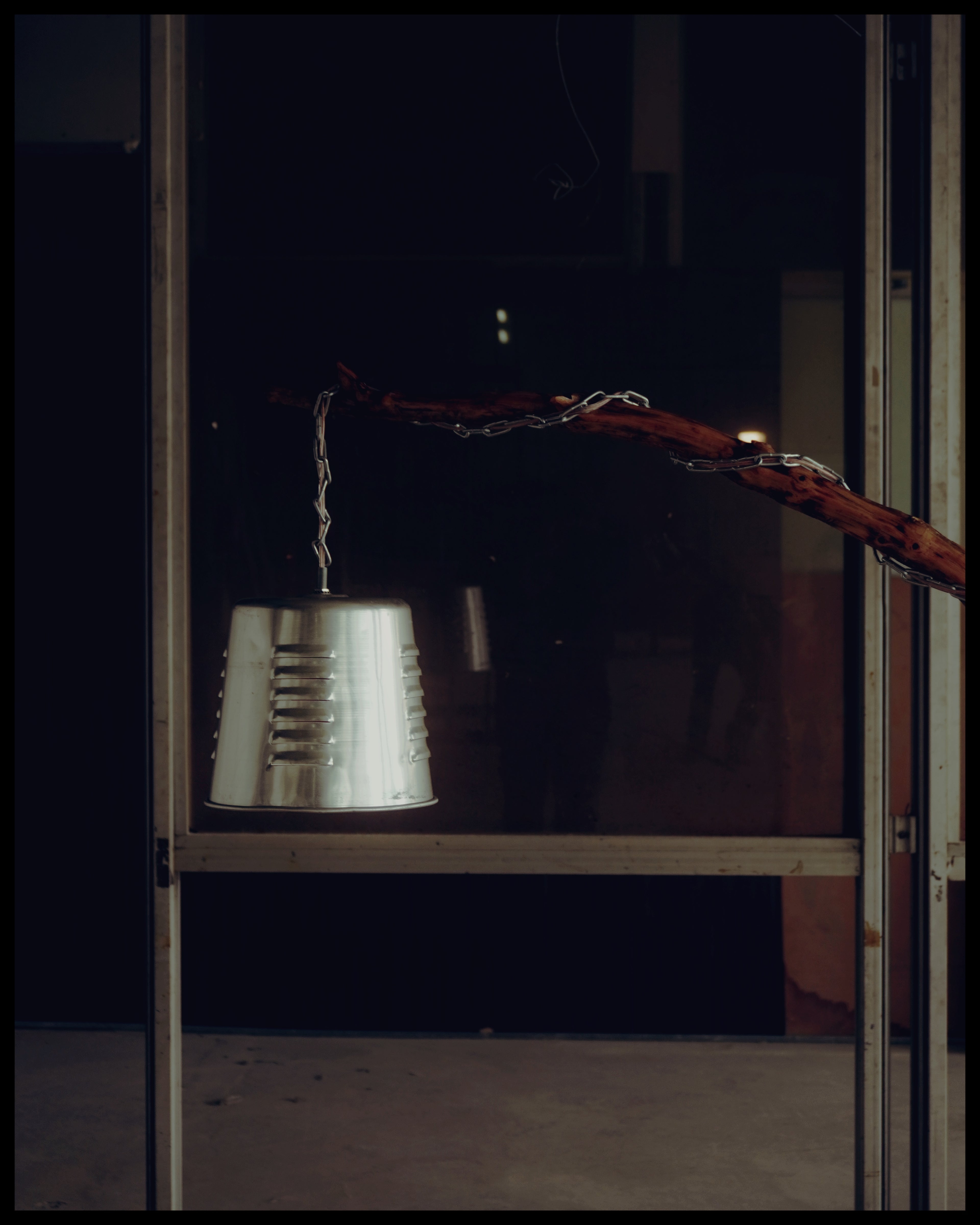 Metal bucket, handmade wooden lamp