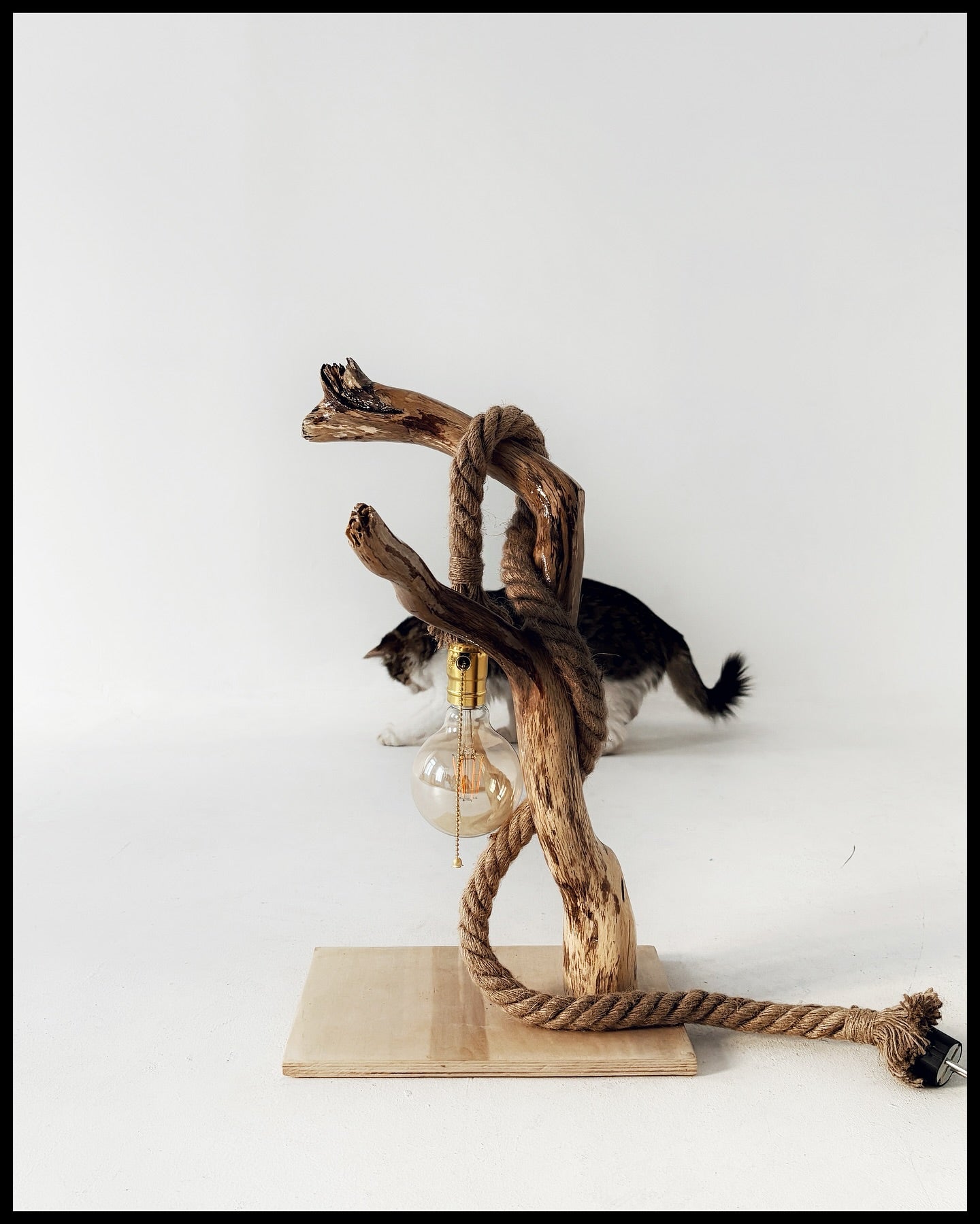 A wooden lamp with a natural grain, featuring a bulb and a rope, handcrafted with care to highlight the natural beauty of the wood.