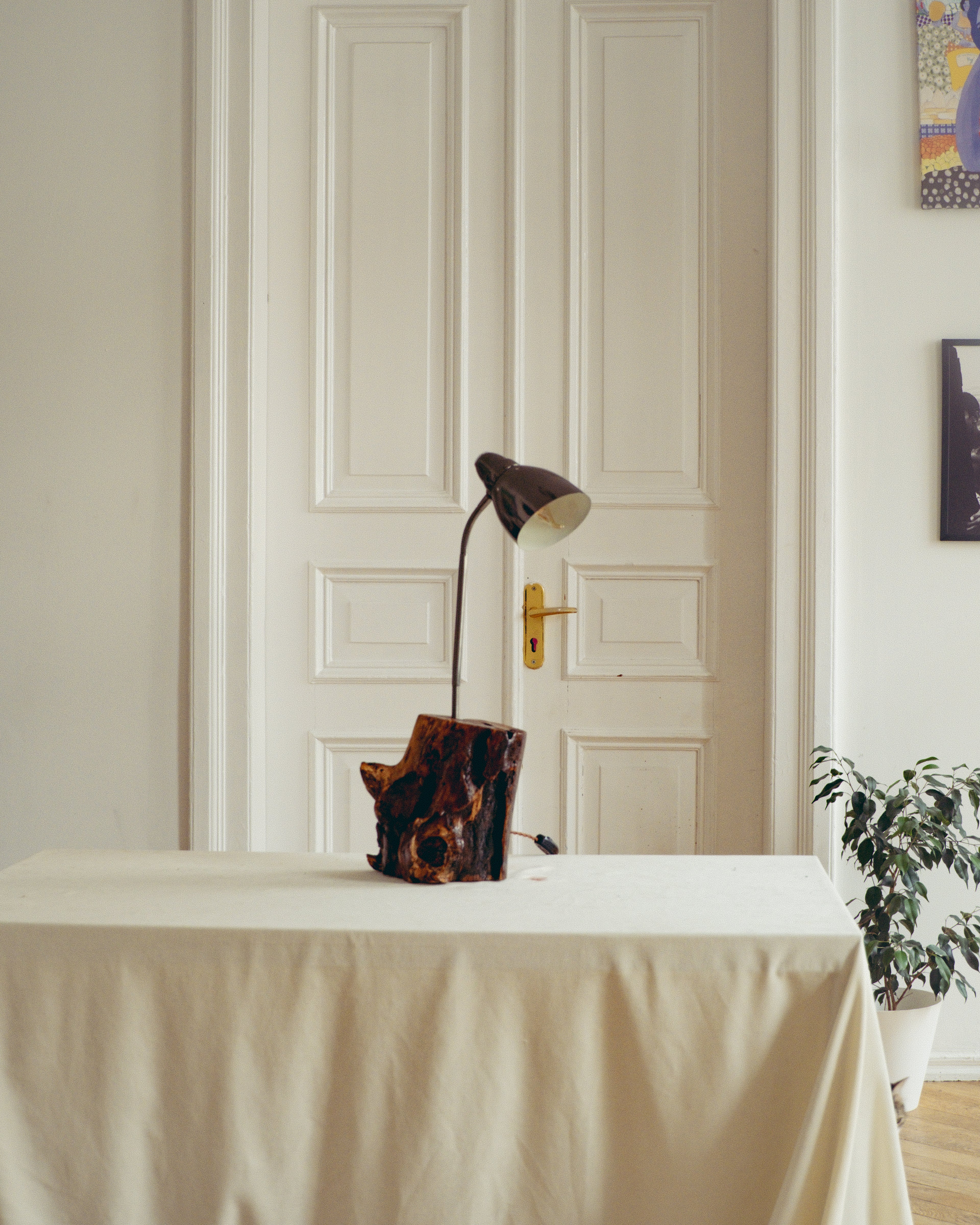 Decorative lamp on a table with a white door and plant in the background