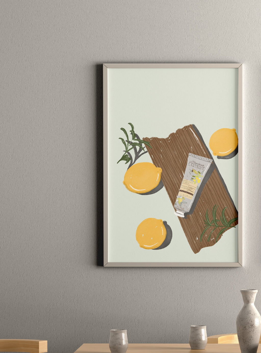 Pastel Lemons art poster by Oliko Tkebuchava on wall - soft pastel wall decor.