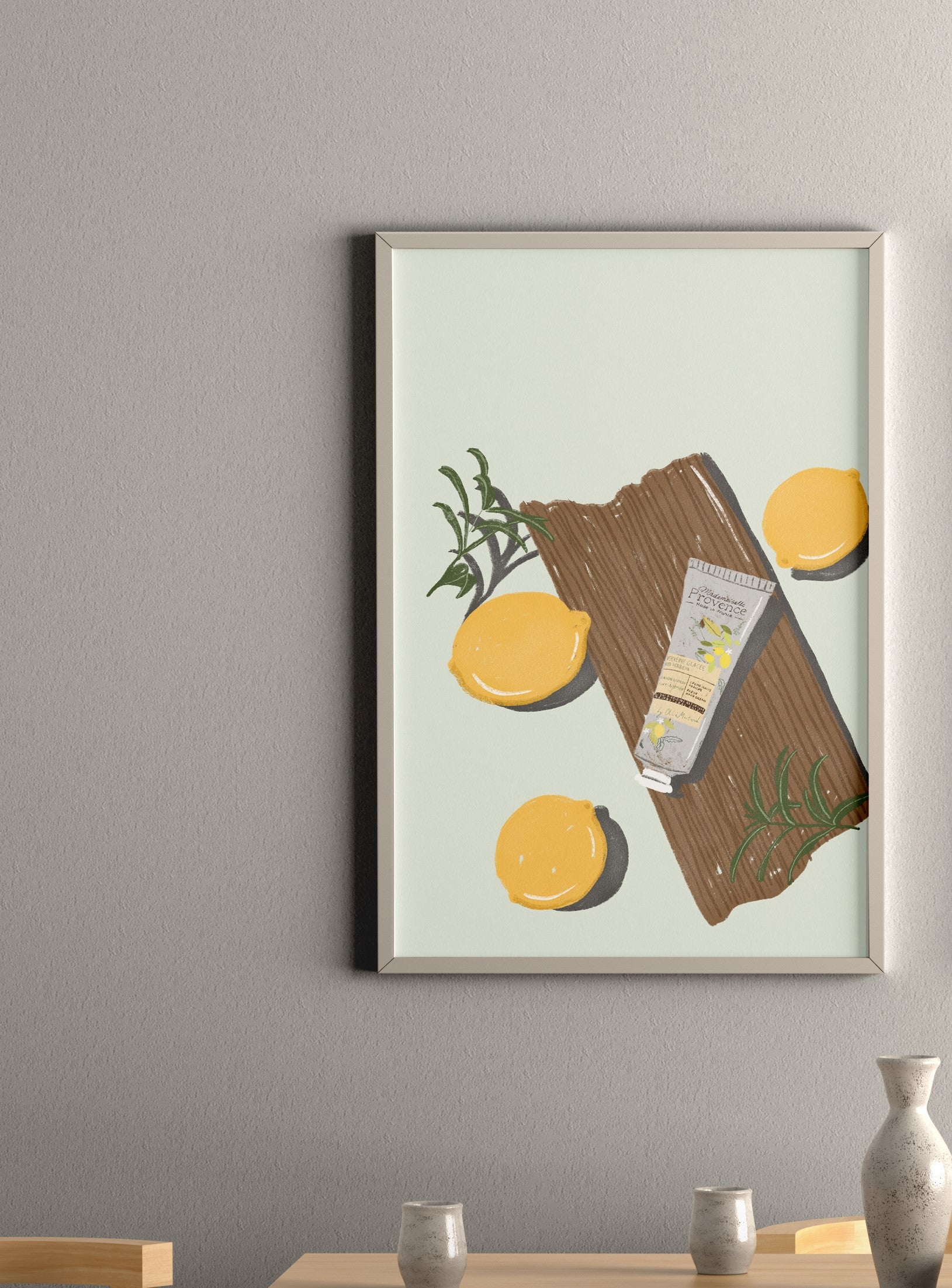 Pastel Lemons art poster by Oliko Tkebuchava on wall - soft pastel wall decor.