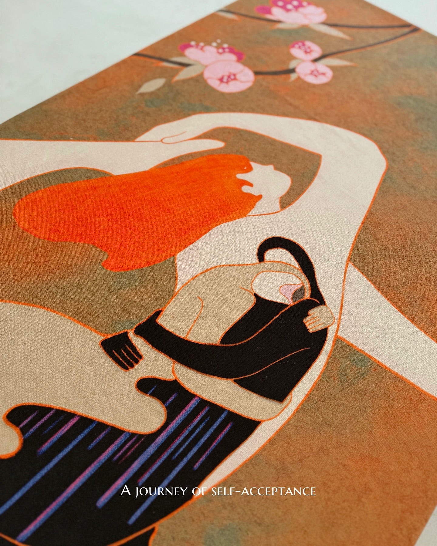 Close-up of “Embrace Within” design by Leah Han printed on durable tablecloth fabric.