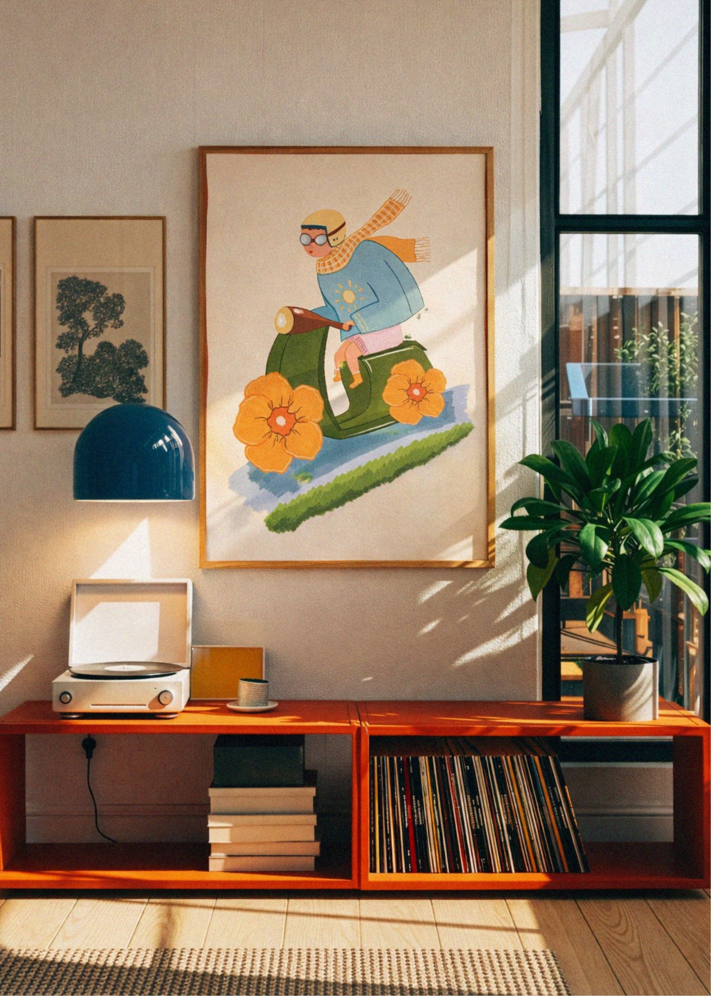 Room interior with a wooden shelf, framed artwork, and decorative items.