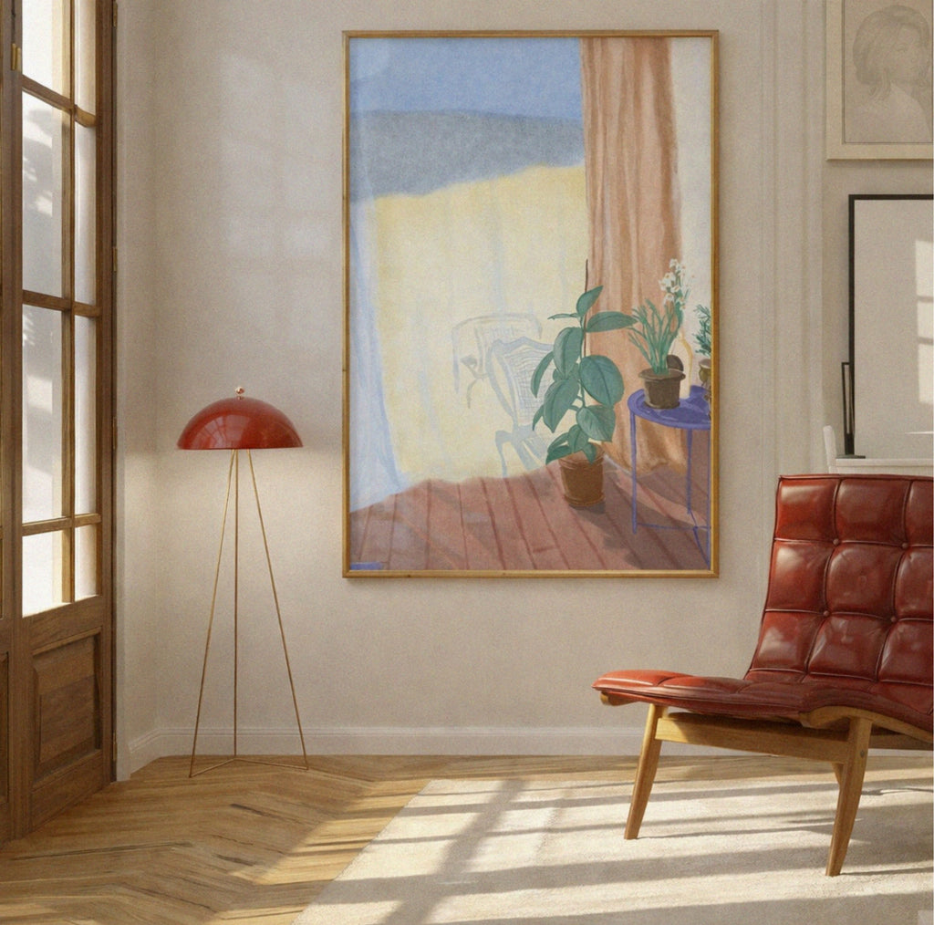 Living room with a large framed painting, red floor lamp, and leather sofa.