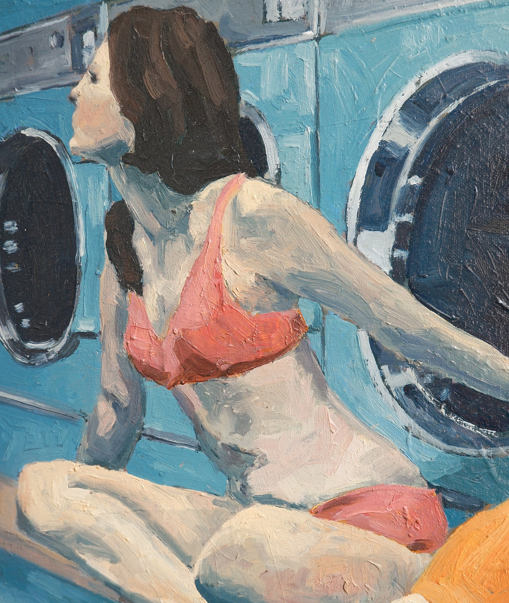 Painting of a woman sitting in front of a washing machine with a blue background