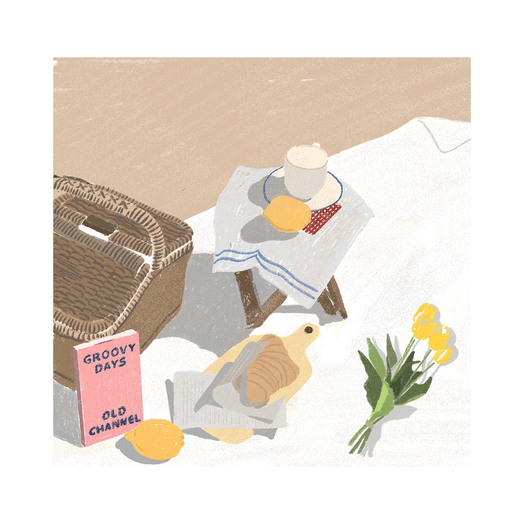 A poster depicting a still life scene with a wicker basket, a tray with a teapot and lemon, a book, and a vase with yellow flowers on a table covered with a white cloth.