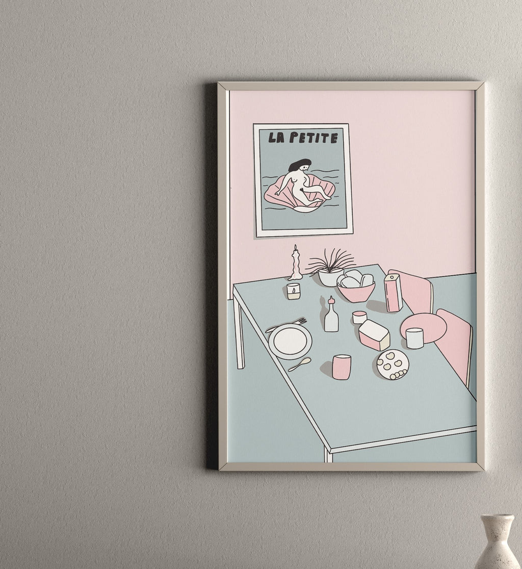 A framed poster depicting a pink-colored interior scene with cartoon-style furniture and decor.