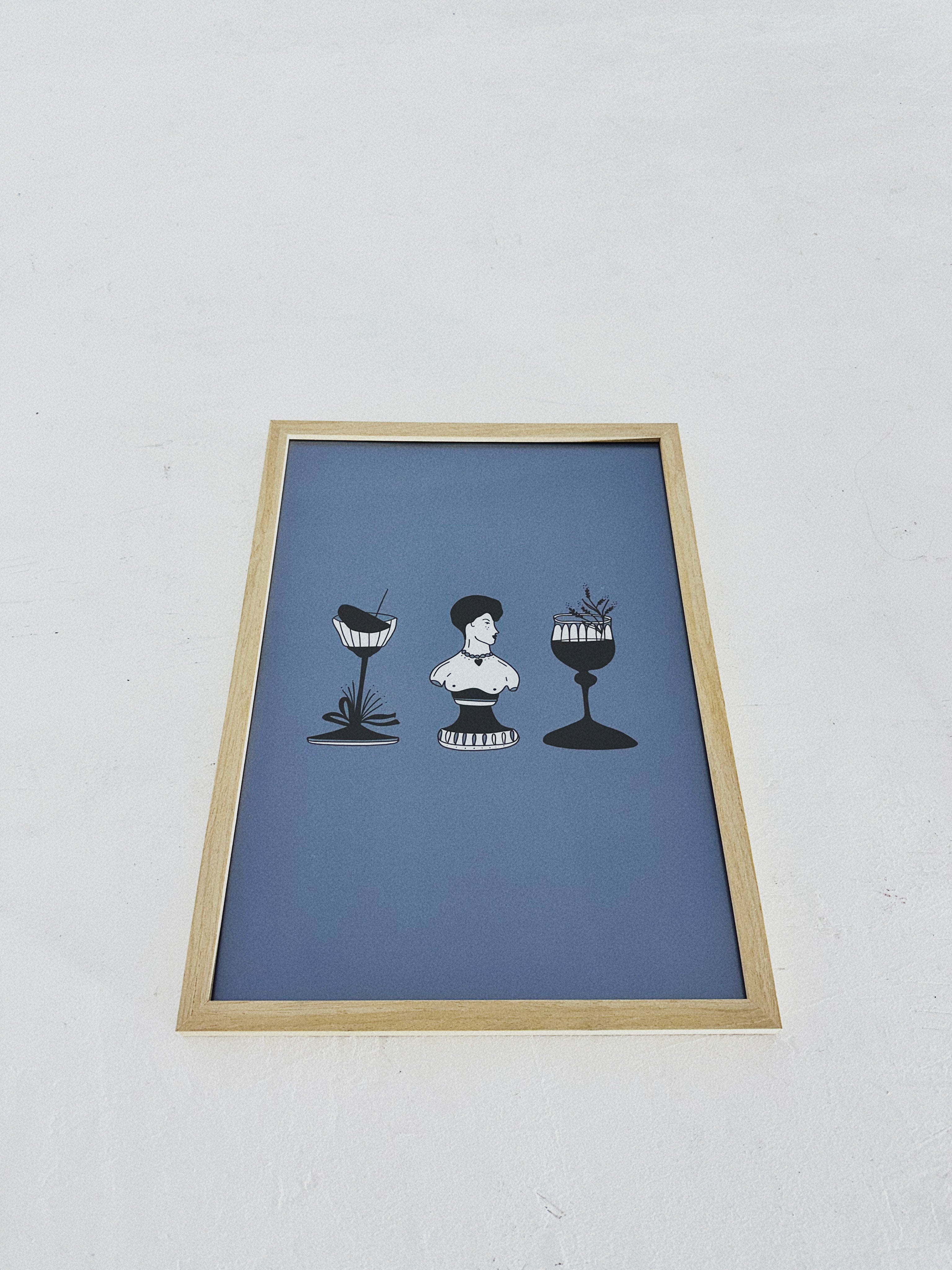 A framed poster with a minimalist illustration featuring a bird, a person, and a plant in glasses, set against a blue background.