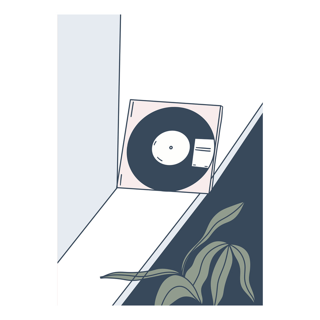 A poster featuring a vinyl record and a plant illustration with a minimalist design, predominantly in black, white, and grey tones.